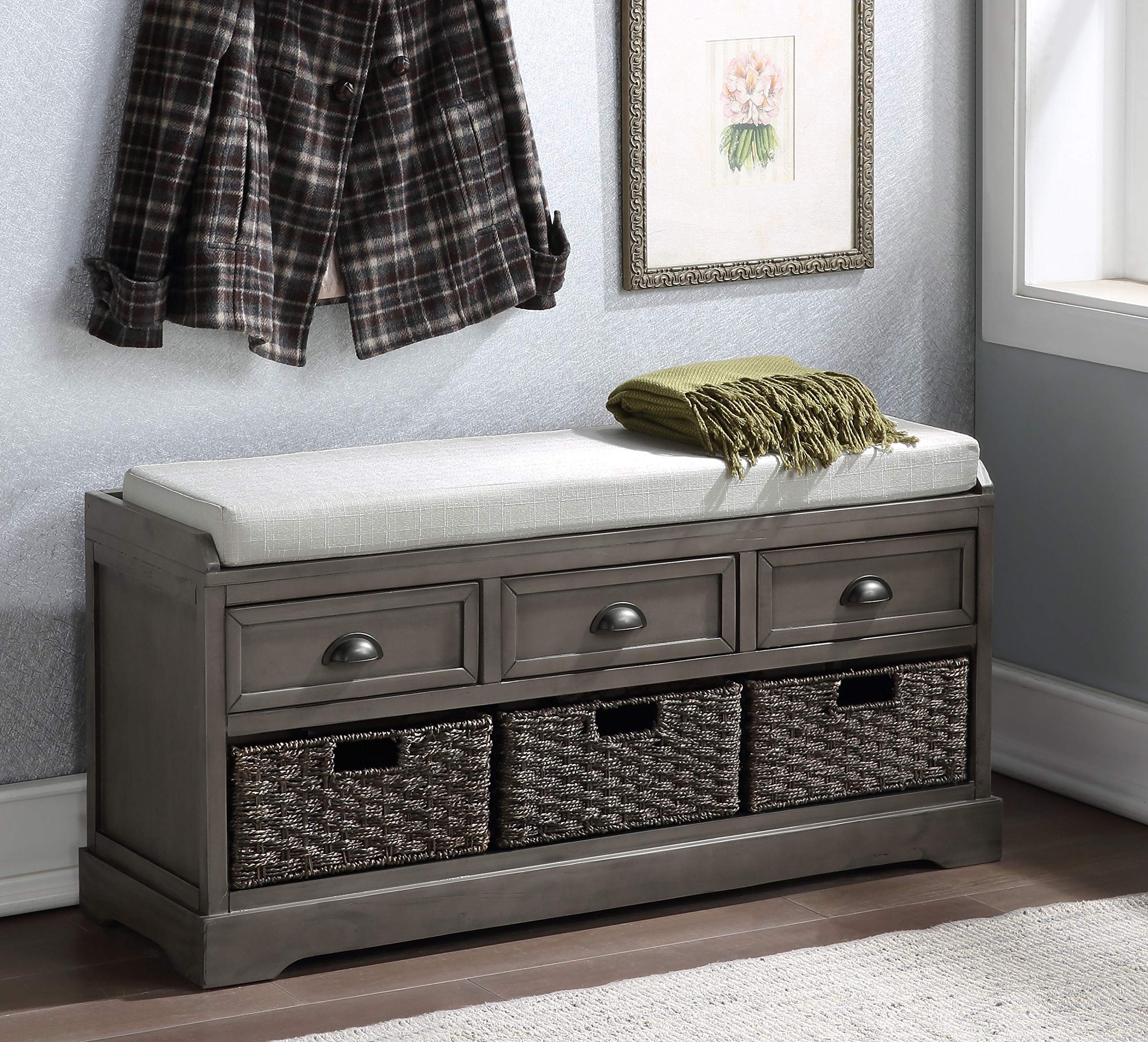 Rustic Gray Wood Storage Bench with 2 Cabinets & 1 Basket - Entryway Shoe Bench with Removable Cushion - Perfect for Living Room, Hallway & Home Organization - Ideal for Shoes, Blankets & Entry Storage