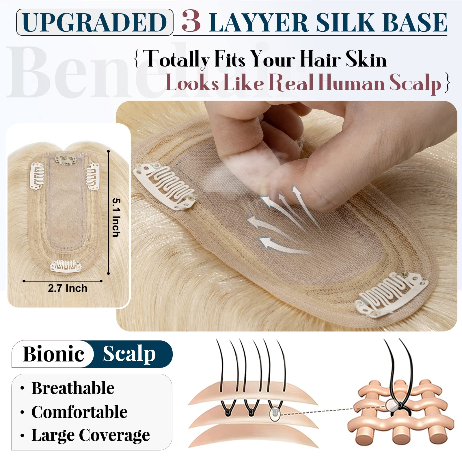 Benehair Clip-in Human Hair Topper for Women with Thinning Hair - 10 Inch 33g Remy Hair Topper with Silk Base - #60 Platinum Blonde - Natural Looking Hair Extensions for Daily Wear & Special Occasions