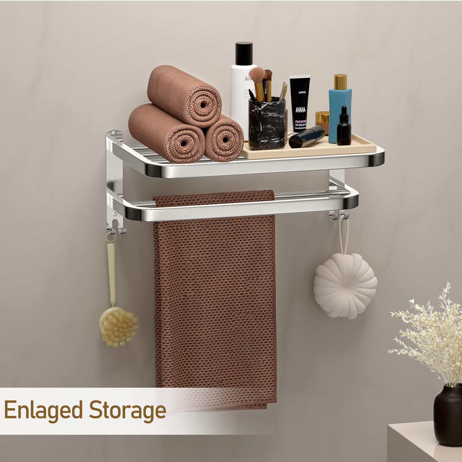 Stainless Steel Bathroom Towel Rack with Double Bars & Hooks - 15 Inch Wall Mounted Shelf for Hotel & Home Bathroom Organization - Perfect for Spa, Guest Rooms & Luxury Bath Decor