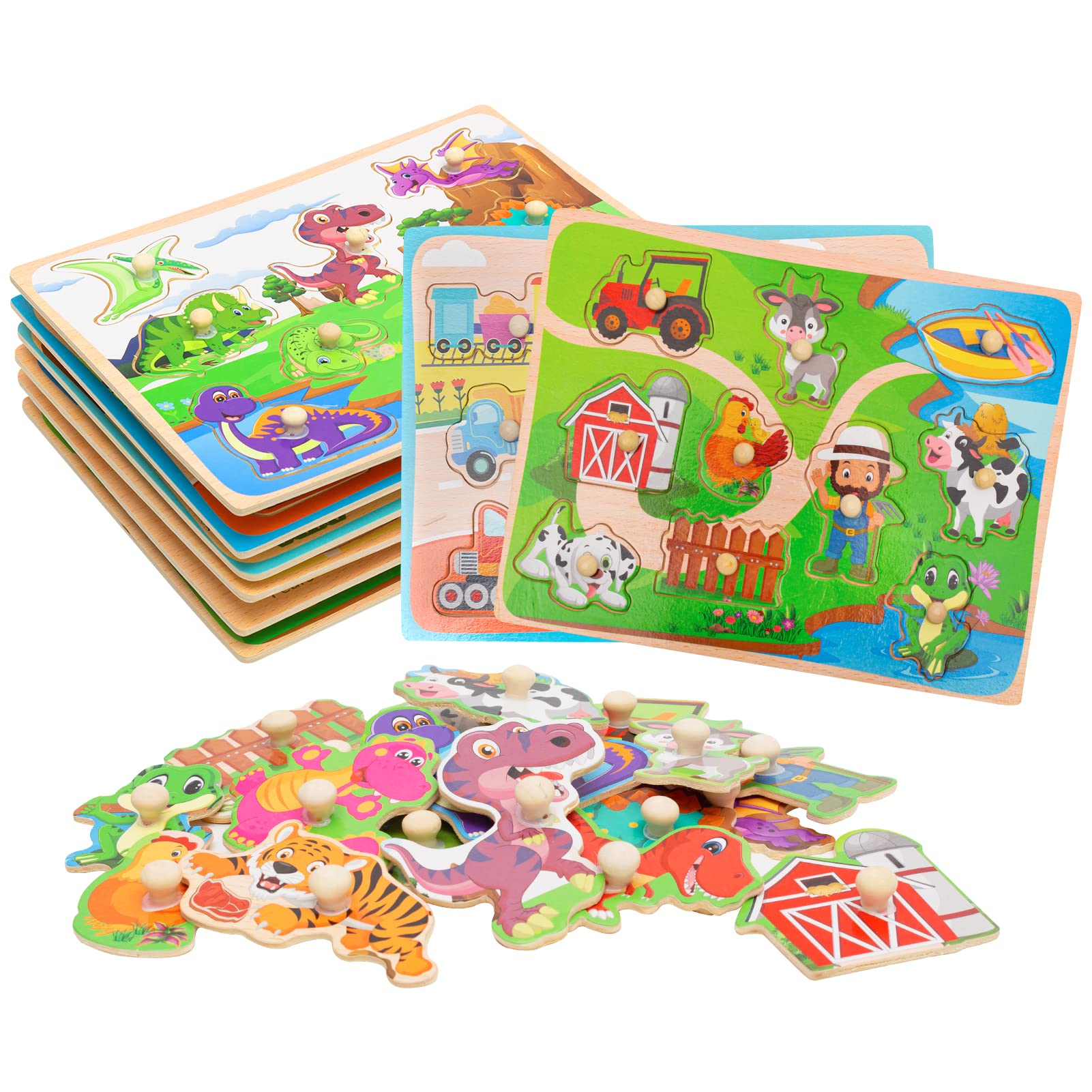 Wooden Button Puzzles for Toddlers Ages 2-4 | 6-Piece Preschool Educational Toy Set | Montessori Learning Wooden Puzzle Gift for Kids | Perfect for Early Childhood Development & Playtime Activities