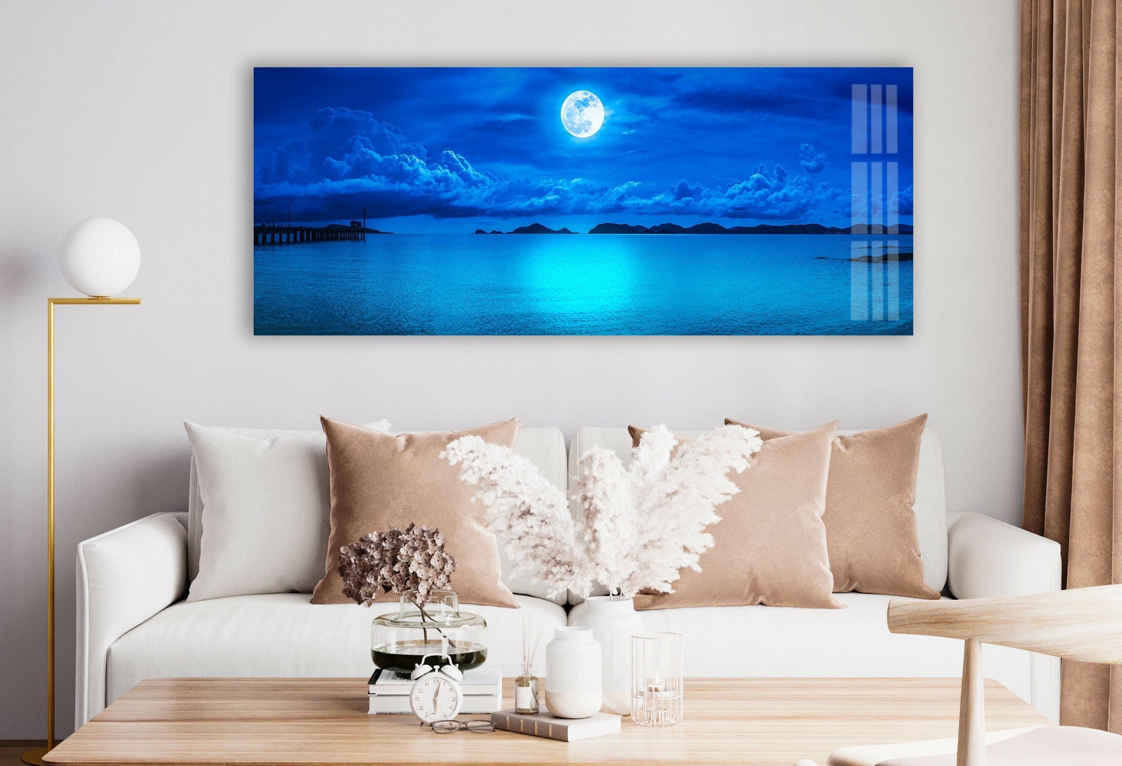 Blue Full Moon & Ocean Landscape Glass Wall Art - Stunning Home Decor for Living Room, Bedroom, or Office