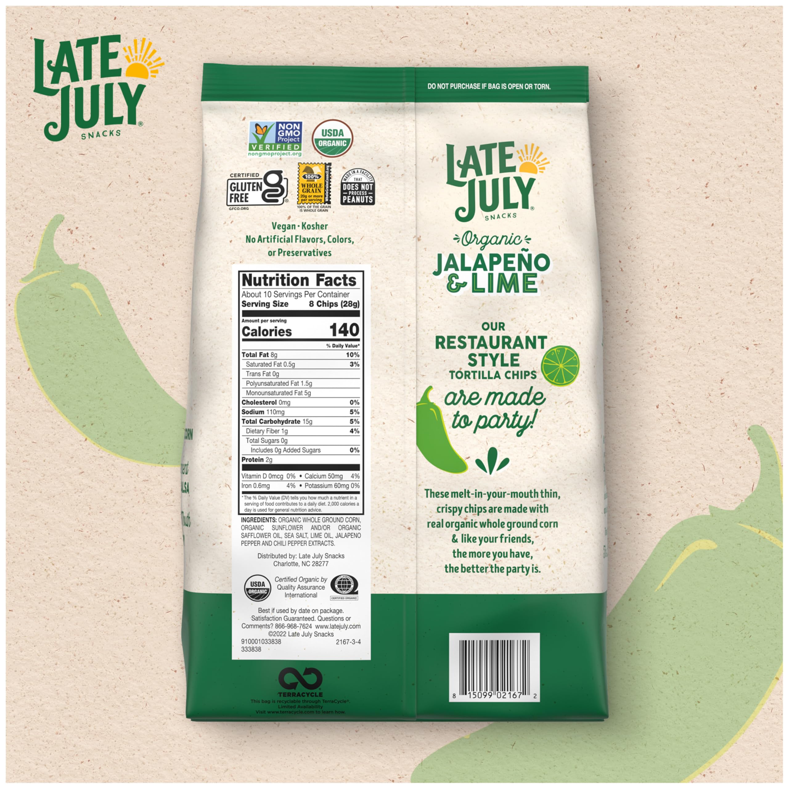 Organic Thin & Crispy Tortilla Chips - Jalapeño & Lime Flavor | Late July Snacks | 10.1 oz Bag | Gluten-Free, Non-GMO | Perfect for Parties, Snacking & Mexican Cuisine