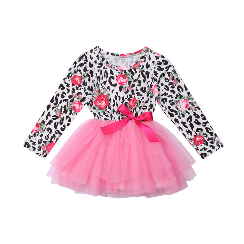 **Baby Girls Floral Leopard Print Pink Tulle Tutu Dress - Long Sleeve Princess Party Dress for Birthday, Photo Shoot, Holiday & Special Occasions**