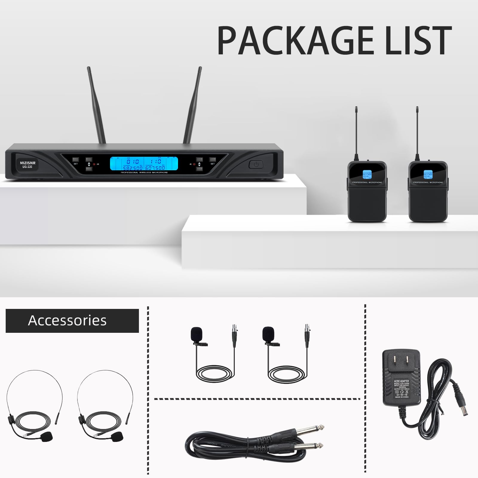 UG-220 Wireless Lapel Microphone System - 2x100 Adjustable UHF Frequencies with Headset & Lavalier Mic, 300ft Range for Meetings, Church Services, Singing, Public Speaking & YouTube Videos (2 Bodypack Transmitters)