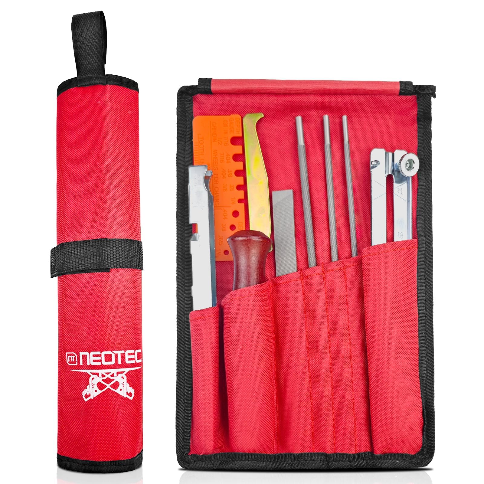 NEO-TEC Professional Chainsaw Sharpener Kit - 5/32, 3/16, 7/32 Inch Round Files with Handle, 6-Inch Flat File, Filing Guide, Depth Gauge & Groove Cleaner - Complete Chainsaw Maintenance Tool for Wood Cutting, Tree Trimming & Firewood Preparation