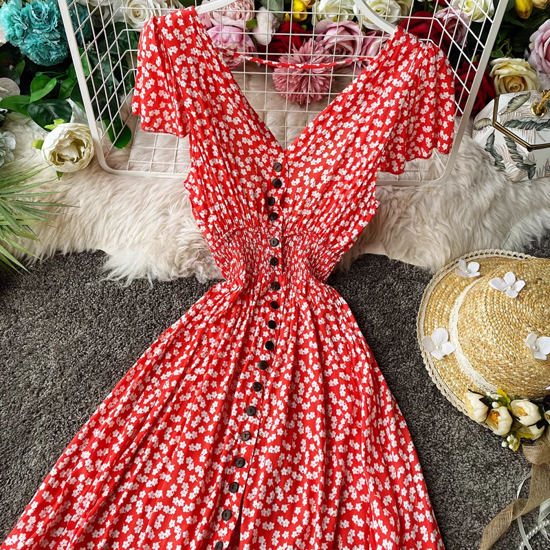 Elegant Fairy Floral Print Maxi Dress with Open Back & Pleated Skirt - Perfect for Summer Weddings, Beach Vacations & Boho Fashion