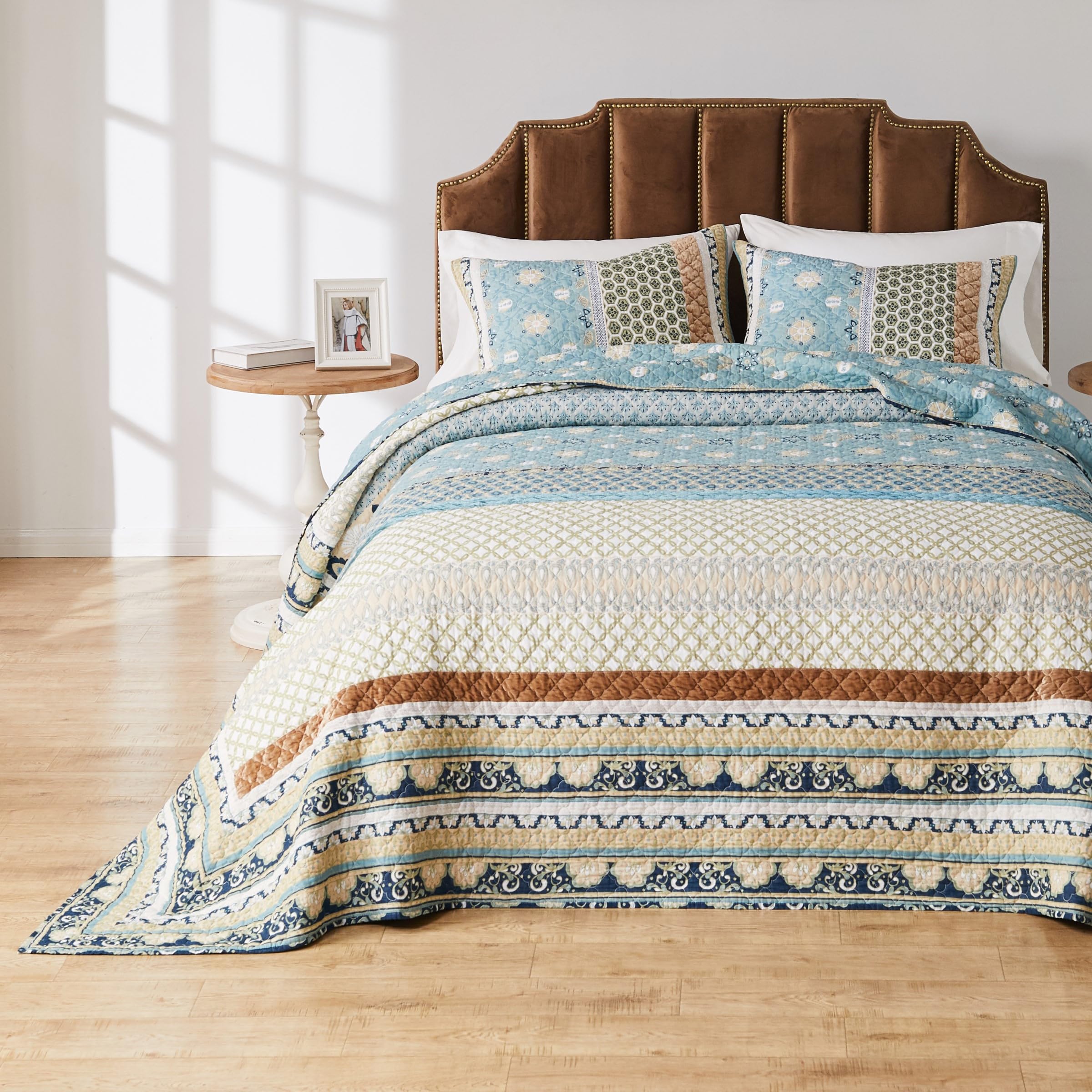 Greenland Home Thalia Quilted Bedding Set - 3-Piece Jumbo King Size Comforter Set in Blue | Soft & Cozy Bedroom Decor for Master Bedroom or Guest Room