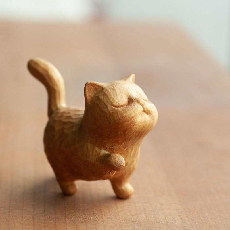 Handmade Wooden Cat Sculpture - Tiny Cute Carved Wood Cat Figurine, Unique Home & Office Decor, Perfect Gift for Cat Lovers (2PC) - Ideal for Bookshelf Display, Desk Decor, and Gift Giving Occasions