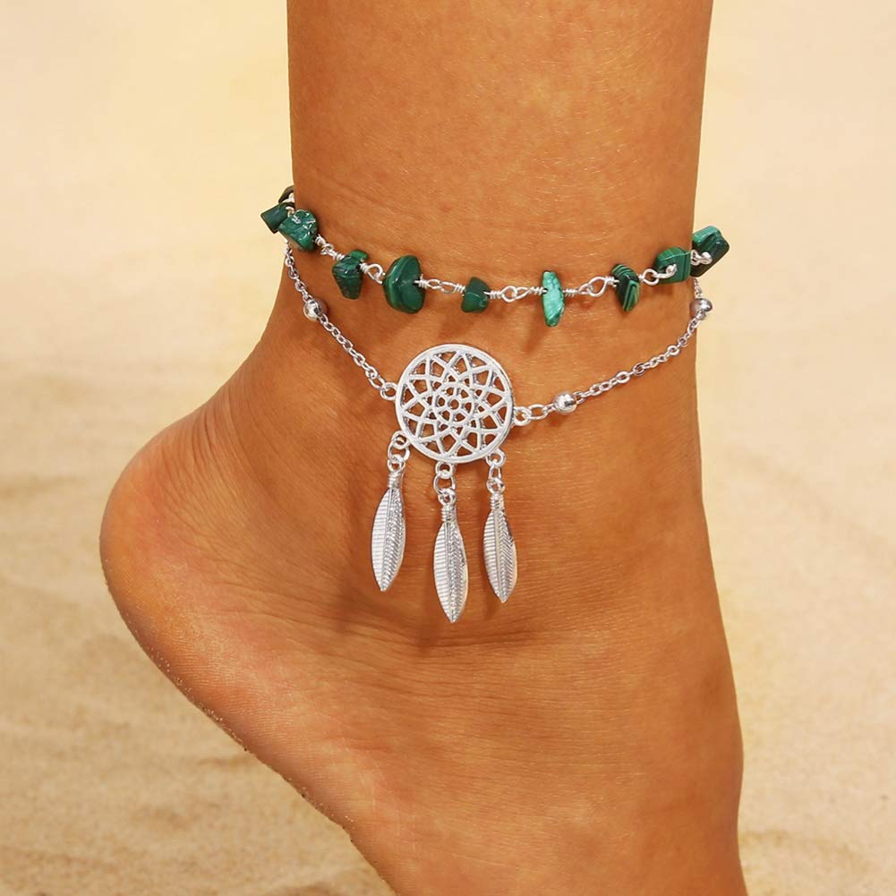 FublousRR5u Women's Multilayer Dream Catcher Anklet Bracelet - Faux Turquoise Beaded Foot Chain for Boho Style, Vacation & Daily Wear (Silver+Green) | Perfect for Beach Parties, Summer Outfits and Festival Accessories