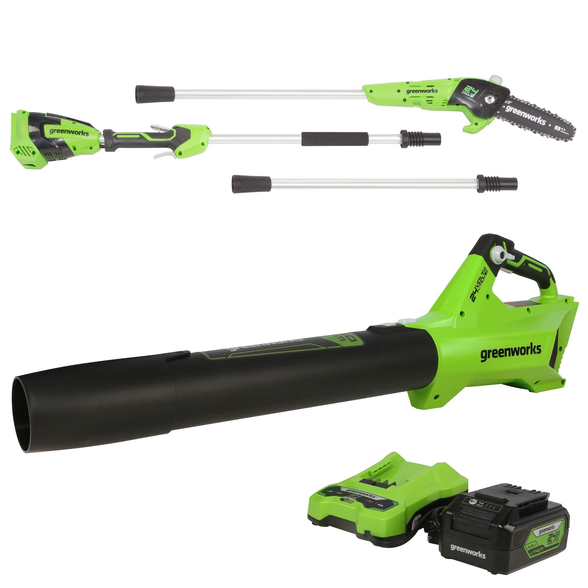 Greenworks 24V Brushless Axial Blower (110 MPH / 450 CFM) with 4Ah USB Battery & Charger - BL24L410 - Ideal for Yard Cleanup, Leaf Blowing, and Outdoor Maintenance