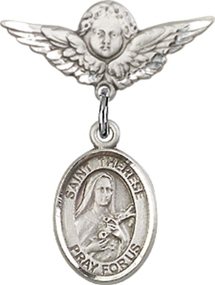Sterling Silver Baby Badge with St. Therese of Lisieux Charm & Angel Wing Pin - Religious Jewelry for Baptism, First Communion & Baby Blessing Gifts