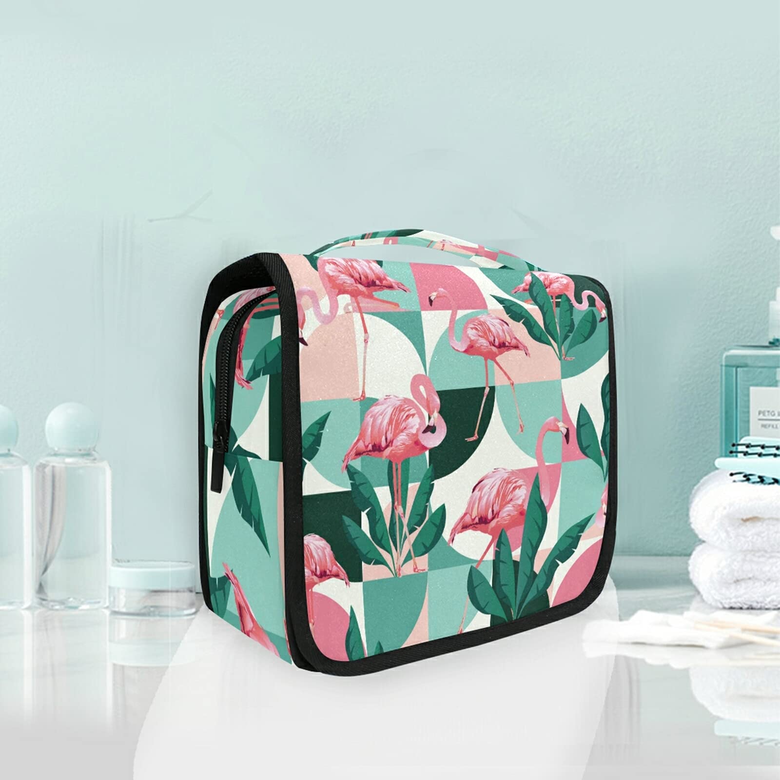 Waterproof Hanging Toiletry Bag for Women - Pink Flamingo Jungle Print Travel Cosmetic Organizer, Makeup Case | Perfect for Vacation, Camping & Gym Essentials Storage