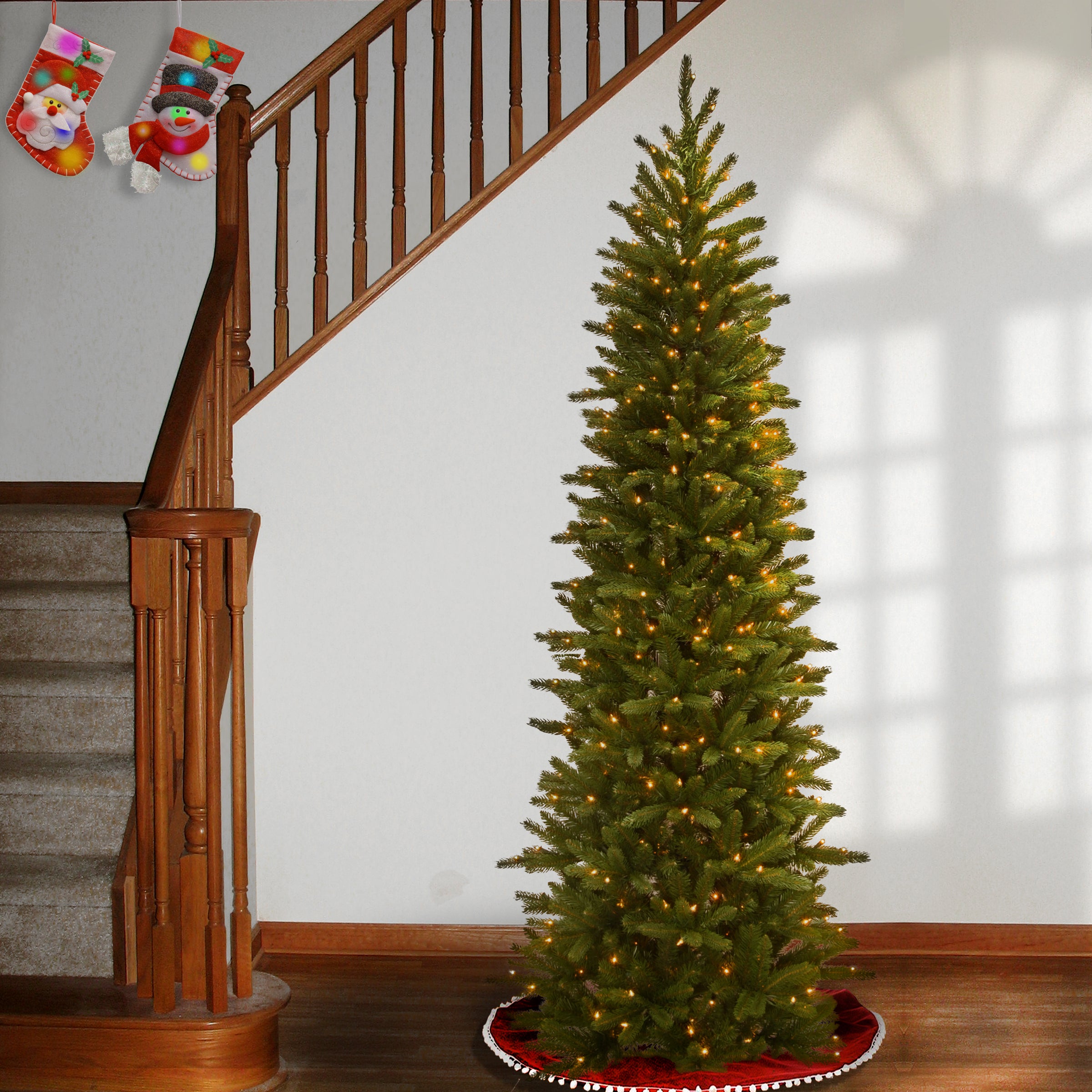 6.5 ft Pre-Lit Grande Fir Pencil Slim Artificial Christmas Tree with 300 Clear LED Lights - Perfect for Small Spaces, Apartments & Office Decor