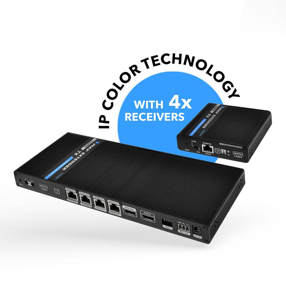 1x4 4K HDMI Extender Splitter Over Single CAT6/7 Cable - Up to 230ft, 18Gbps, Bi-Directional IR, RS232, EDID - ipcolor Technology (UHD14 IPC230 K) - Perfect for Home Theater, Conference Rooms & Gaming Setups