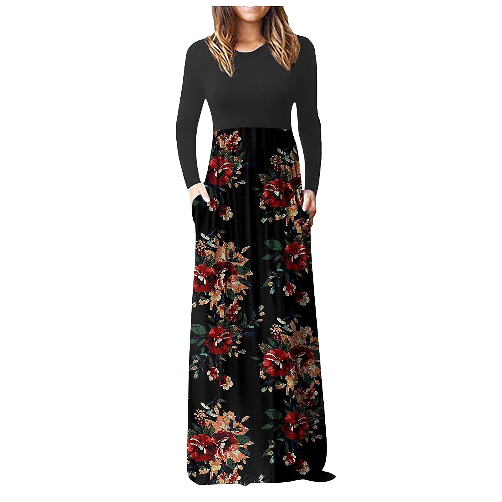 Women's Floral Print Long Sleeve Maxi Dress - Hemlock Fall Evening Party Gown with Pockets | Elegant Floor-Length Formal Dress for Weddings, Galas & Special Occasions