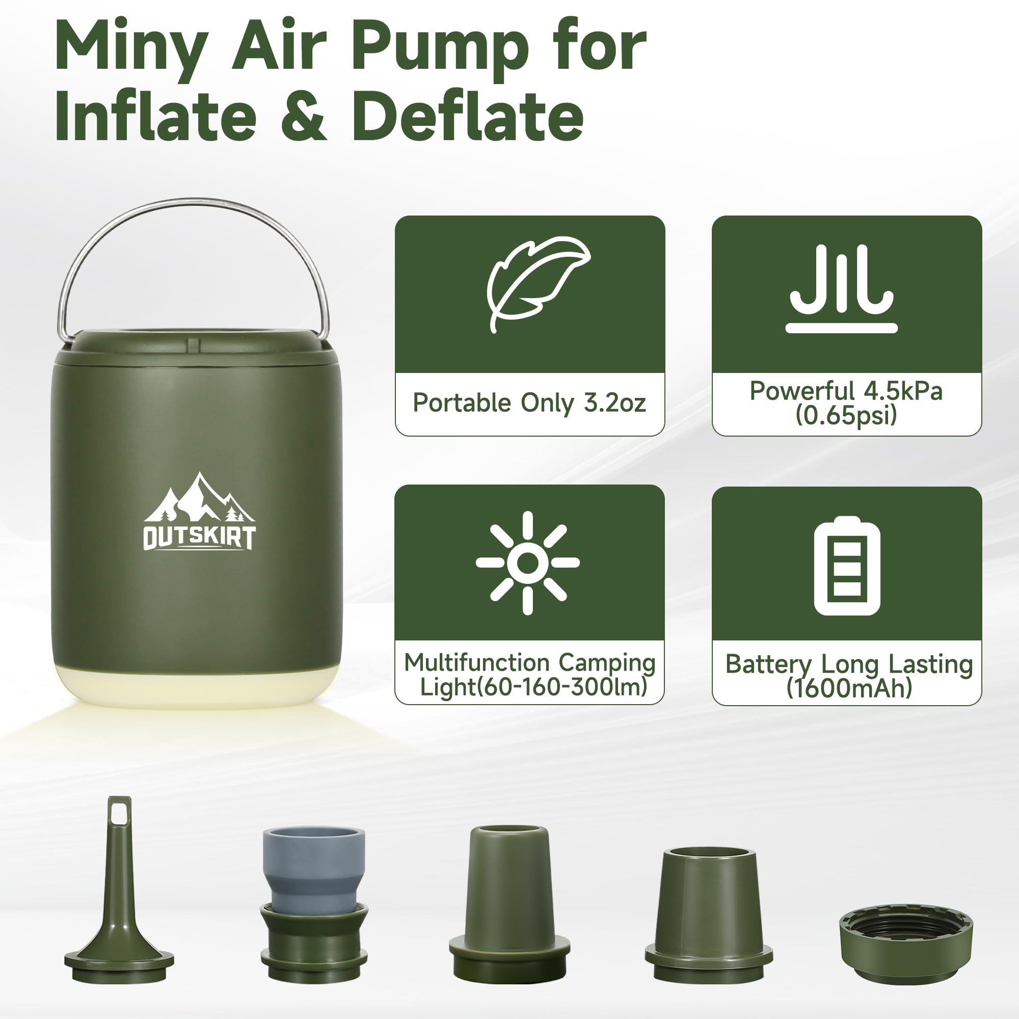 OUTSKIRT Ultra-Mini Air Pump - Portable Rechargeable Inflator with 4.5kPa Pressure, Built-in Camping Lantern & Magnetic Base - Perfect for Air Mattresses, Sleeping Pads, Pool Floats, Swimming Rings, Vacuum Storage Bags - Ideal for Camping, Travel, Beach Trips and Home Storage
