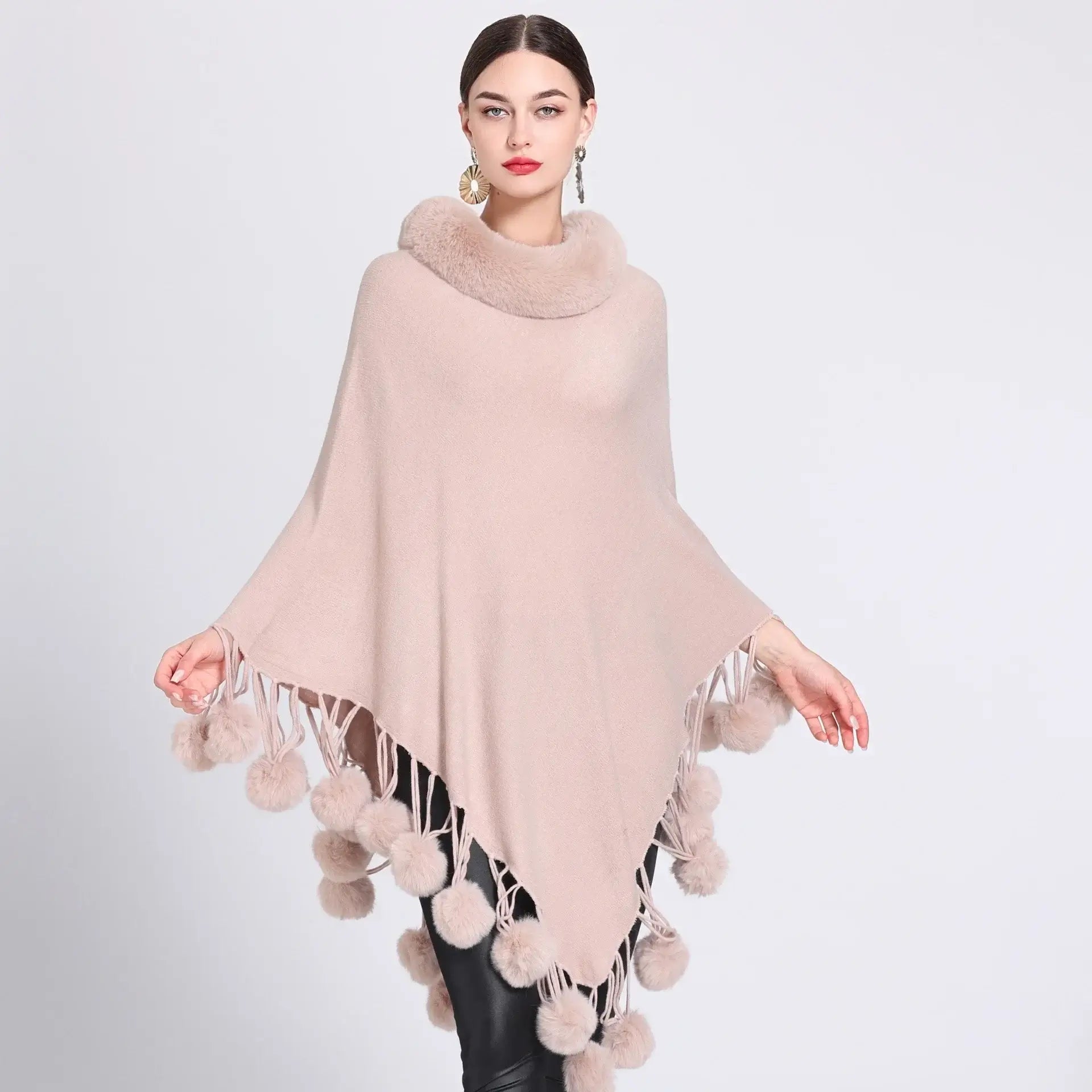 Women's Fashion Asymmetric Poncho Scarf with Soft Fur Ball Trim - Cozy Winter Wrap for Outdoors, Travel & Casual Wear