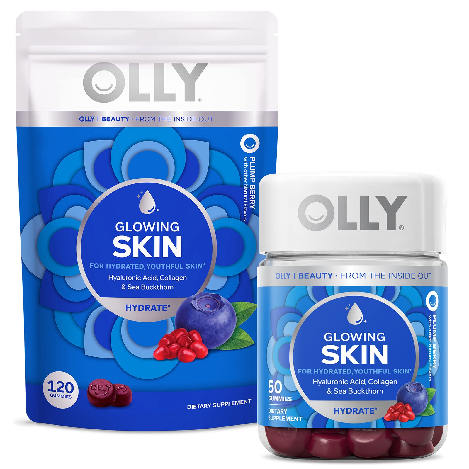 OLLY Glowing Skin Collagen Gummy Supplement with Hyaluronic Acid & Sea Buckthorn - Berry Flavor (50ct Bottle + 120ct Pouch) for Hydrated, Youthful Skin - Perfect for Daily Beauty Routine & On-the-Go Skincare Boost