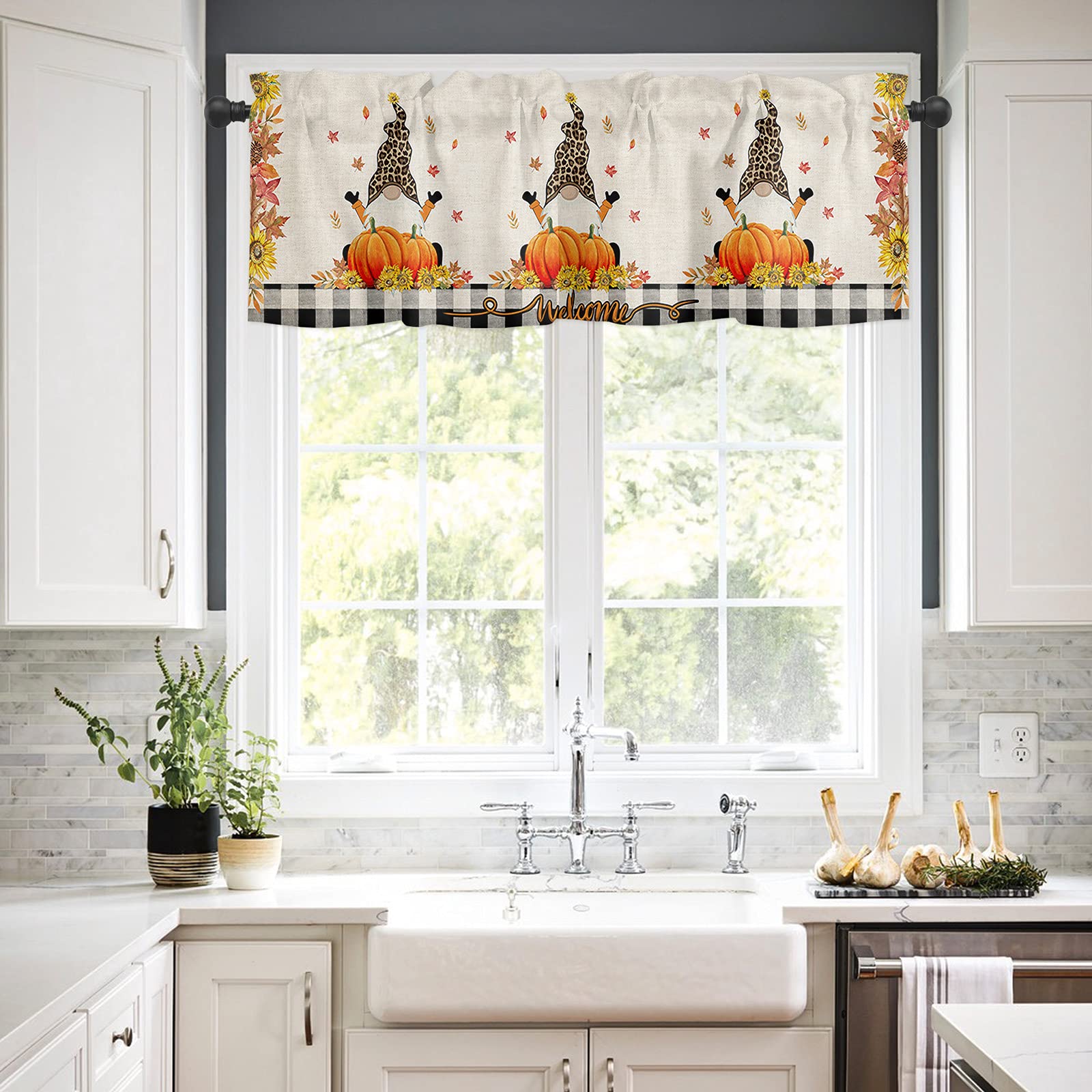 Happy Thanksgiving Gnome Pumpkin Maple Leaves Grid Window Valance - 54x18in Rod Pocket Curtain Valance for Small Windows, Bathroom, Living Room, Bedroom, Kitchen - Perfect for Fall Decor & Holiday Home Styling