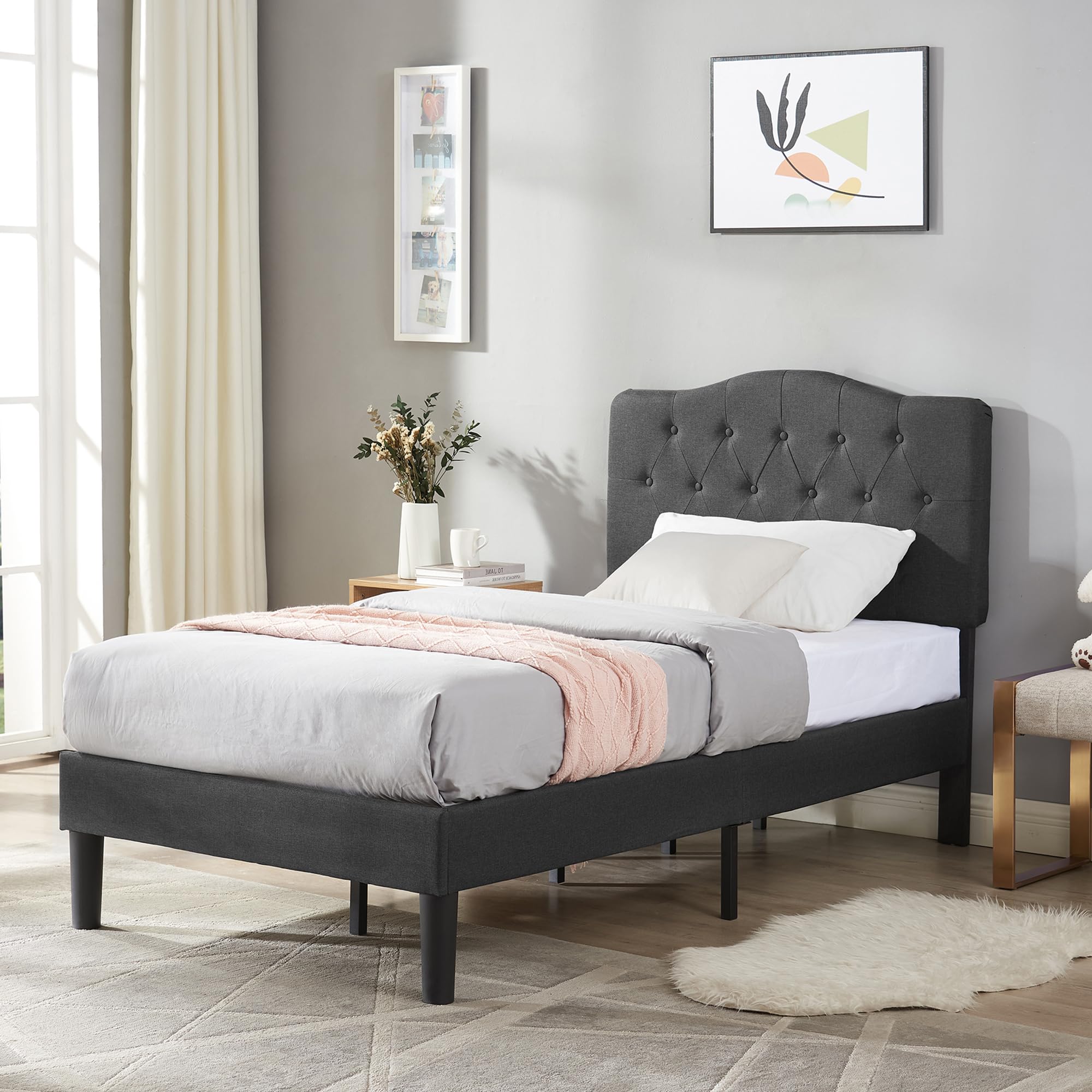 VECELO Classic Upholstered Platform Bed with Diamond Stitched Headboard - Twin Size Grey - Strong Slat Support & Easy Assembly - Mattress Foundation Included - Perfect for Small Bedrooms, Guest Rooms & Dormitories