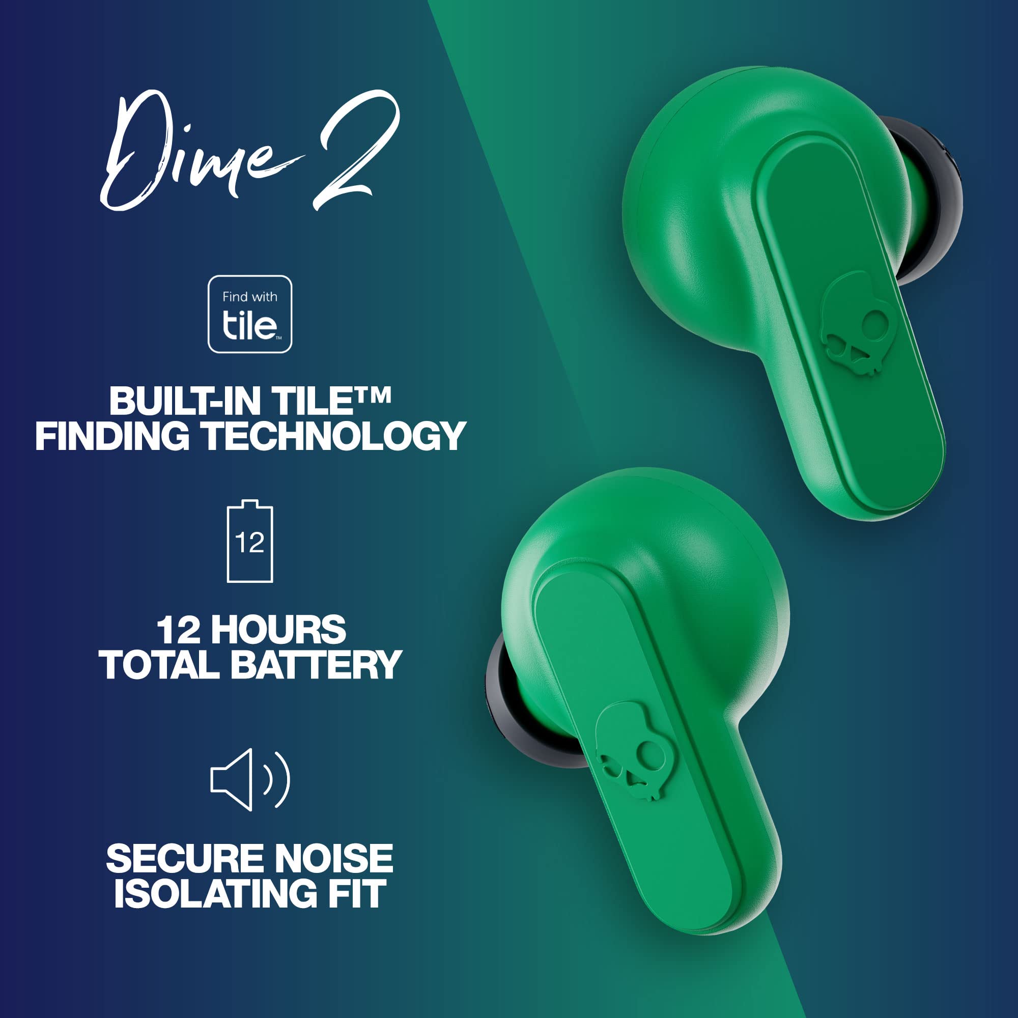 Skullcandy Dime 2 True Wireless Bluetooth Earbuds - Dark Blue/Green (Renewed) | Noise Cancelling, IPX4 Waterproof, 12H Battery for Gym, Running & Travel