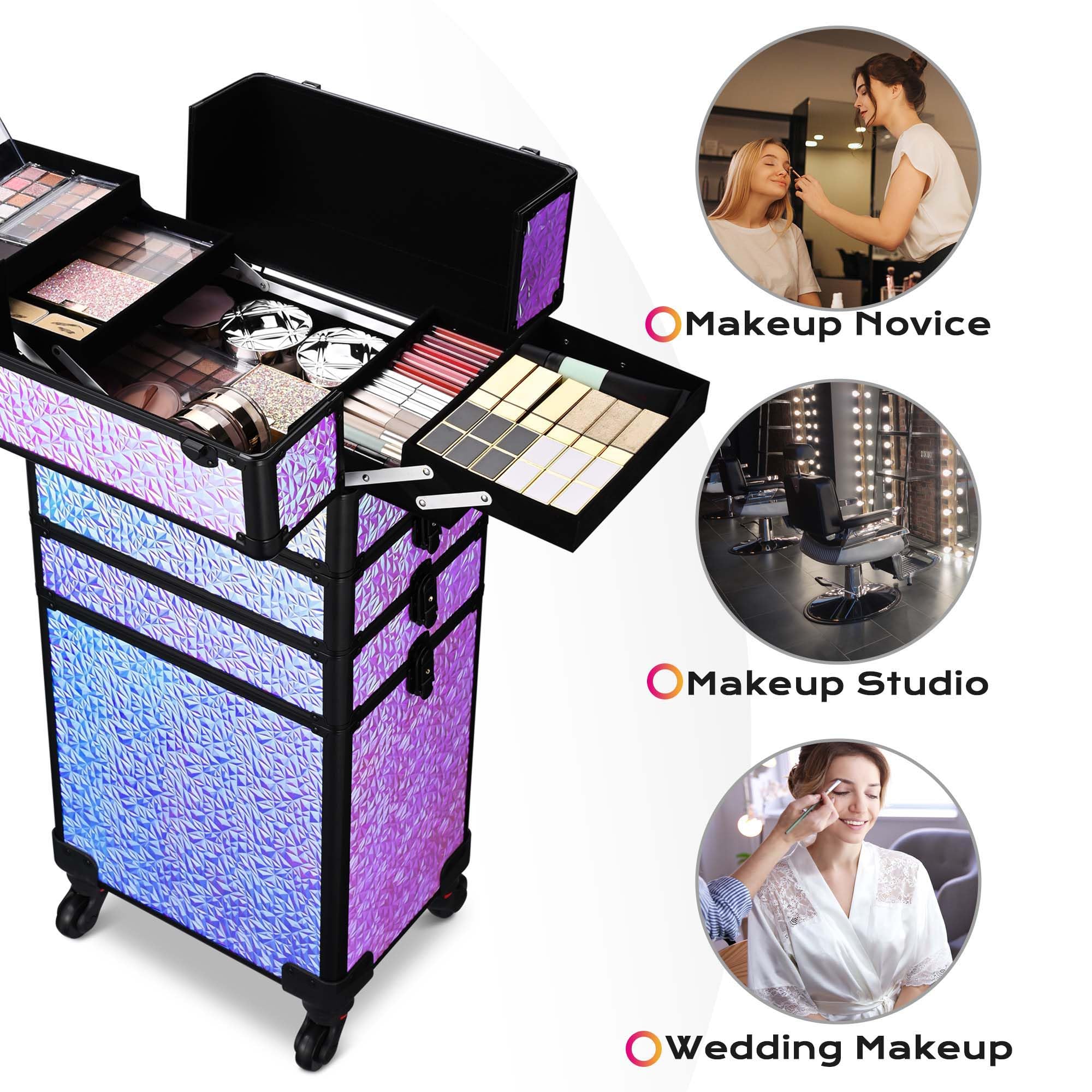 BYOOTIQUE 4-in-1 Rolling Makeup Train Case - Lockable Cosmetic Trolley Organizer with Wheels for Travel, Salon & Barber - Mermaid Purple | Perfect for Makeup Artists, Nail Technicians & Beauty Professionals On-The-Go