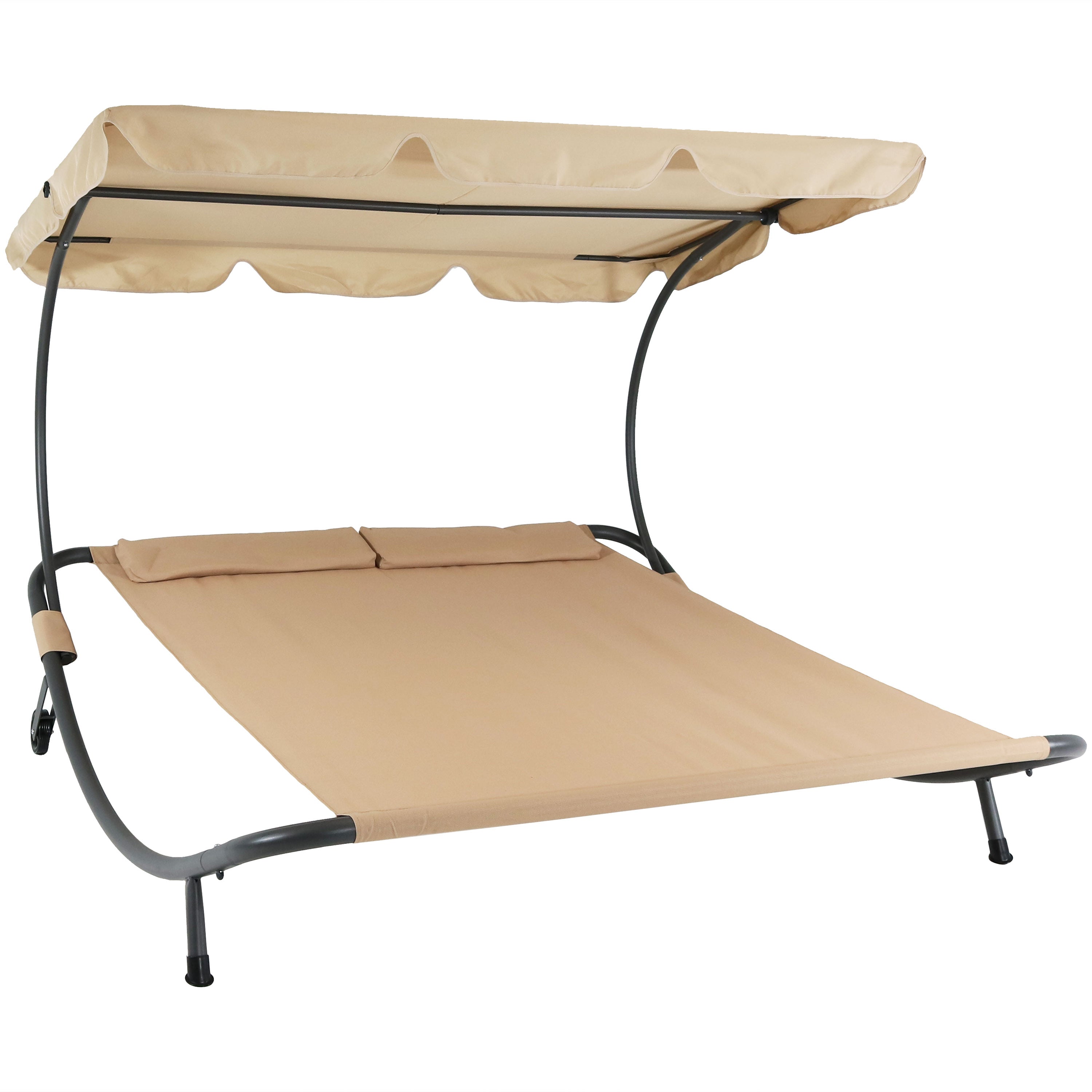 Sunnydaze Double Modern Outdoor Lounging Bed with Canopy & Headrest Pillows - Beige Patio Furniture for Poolside, Garden, or Backyard Relaxation