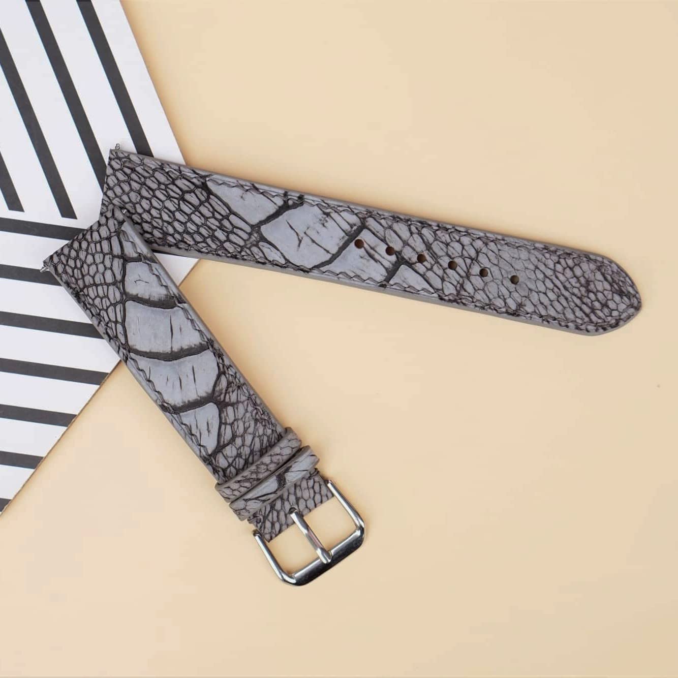 Premium 20mm Nubuck Ostrich Leather Watch Band with Steel Folding Clasp - Grey Ostrich Leg Watch Strap for Men & Women | Perfect for Dress Watches, Business Attire & Formal Occasions