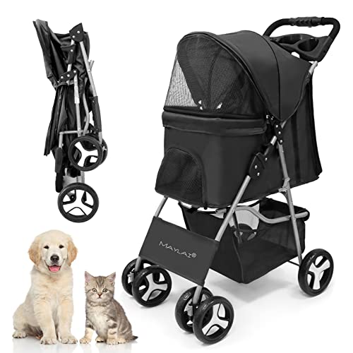 Maylai Foldable Pet Stroller for Small Dogs & Cats - One-Hand Operation, Reinforced Wheels, Removable Washable Liner, Storage Basket & Cup Holder (Black) - Perfect for Vet Visits, Park Walks & Travel