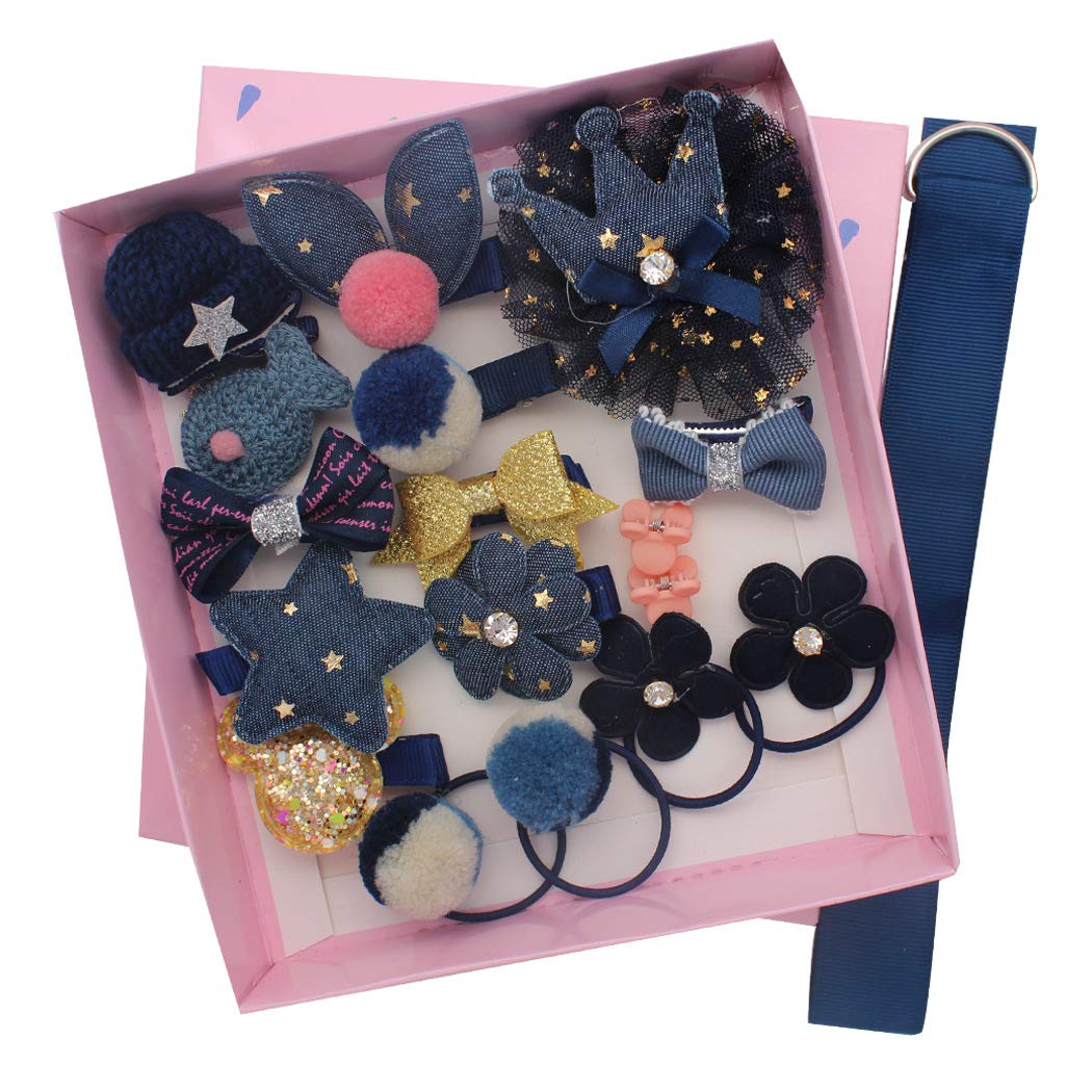 18 Pcs Baby Girls Hair Accessories Set - Hair Clips, Hair Ties, Hair Bows, Claw Clips with Storage Strap & Gift Box (Blue) - Perfect for Toddler Hair Styling, Birthday Gifts & Daily Use