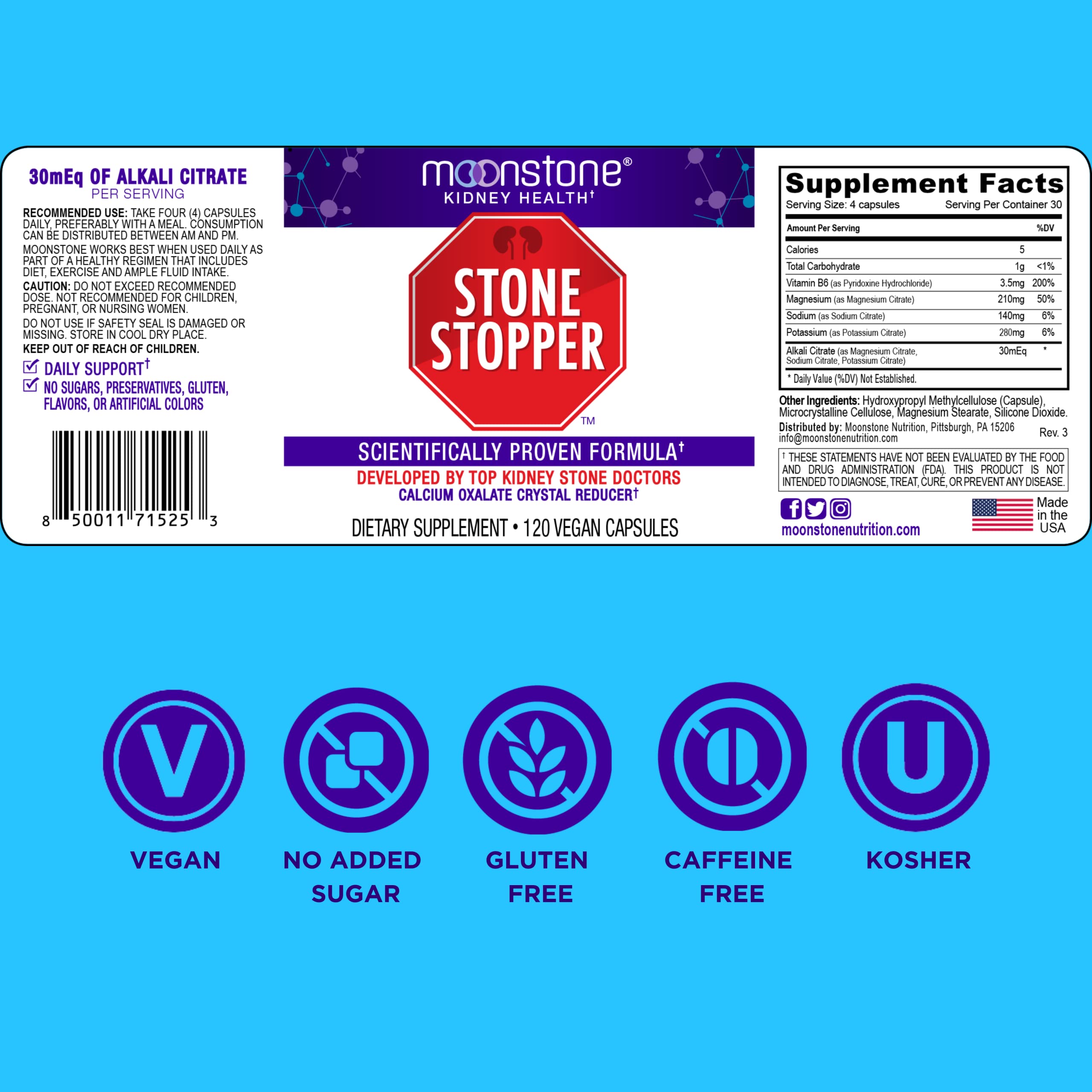 Stone Stopper Kidney Stone Prevention Capsules – Calcium Oxalate Protector & Alkali Citrate Supplement for Kidney Health | Urologist-Developed Formula | 6-Month Supply | Supports Urinary Tract & Prevents Discomfort During Travel or Active Lifestyles