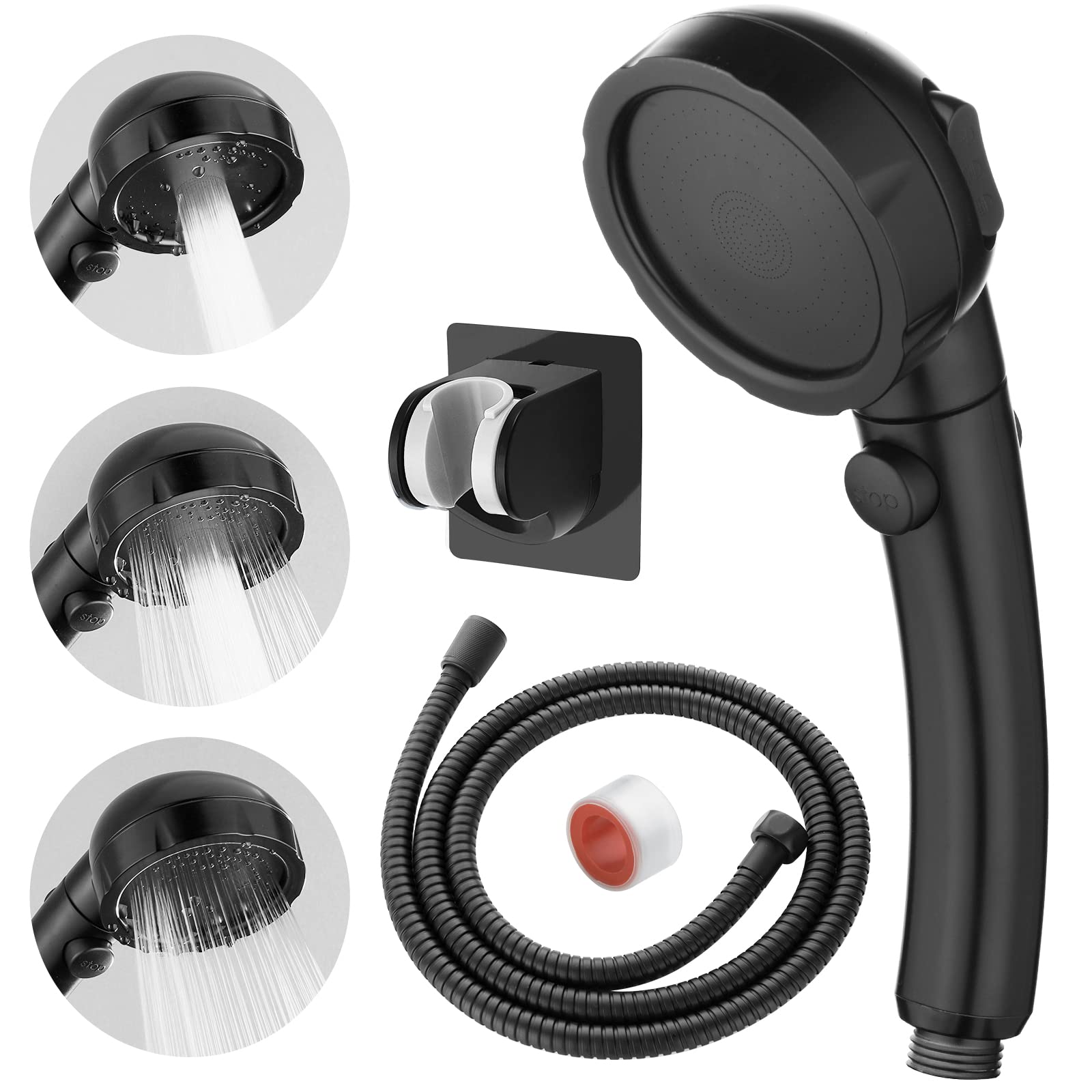 High Pressure Handheld Shower Head with Hose & On/Off Switch - Detachable RV Shower Head with Adjustable Holder (Black) for Camping, Travel & Home Bathroom Use