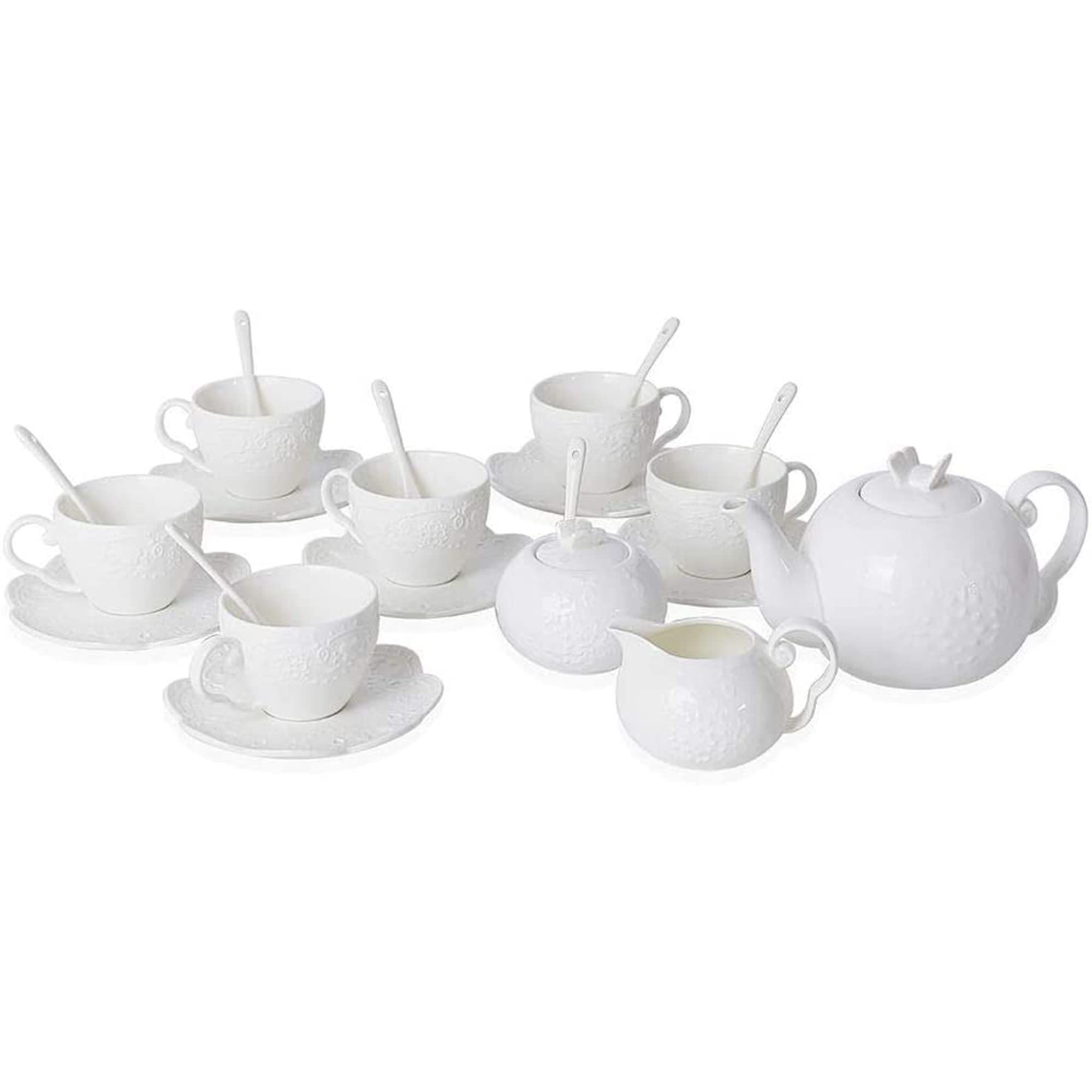 Premium 22-Piece Butterfly Embossed White Ceramic Tea Set - Includes Teapot, 6 Mugs, 6 Saucers, 7 Spoons, Sugar & Milk Jars - Elegant High Tea & Party Serving Set for Home, Kitchen & Special Occasions