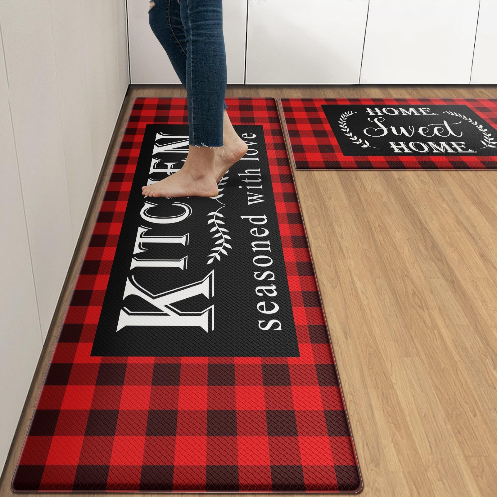 **Arttown Anti-Fatigue Kitchen Rug Set of 2 - Black & Red Buffalo Plaid Cushioned Floor Mat, Waterproof Non-Slip Standing Mat, PVC Ergonomic Comfort Foam Rug for Kitchen, Sink, Laundry Room, Office**