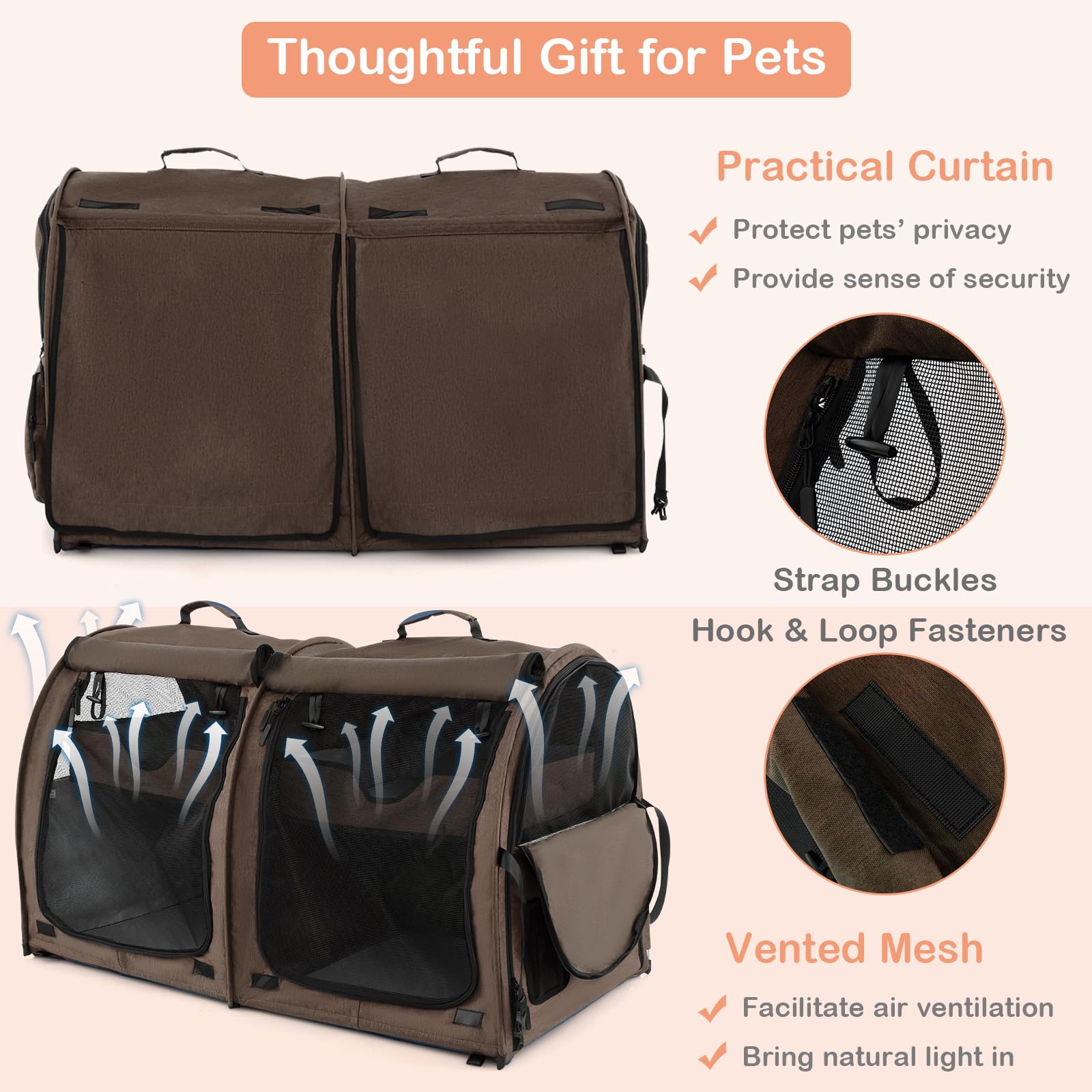 Giantex 40 Inch Large Cat Carrier with Double Compartments - Travel Litter Box Included, 2 Removable Hammocks & Mats - Portable Pet Kennel for Cats & Small Dogs - Comes with Carry Bag - Perfect for Car Trips, Camping & Vet Visits (Brown)