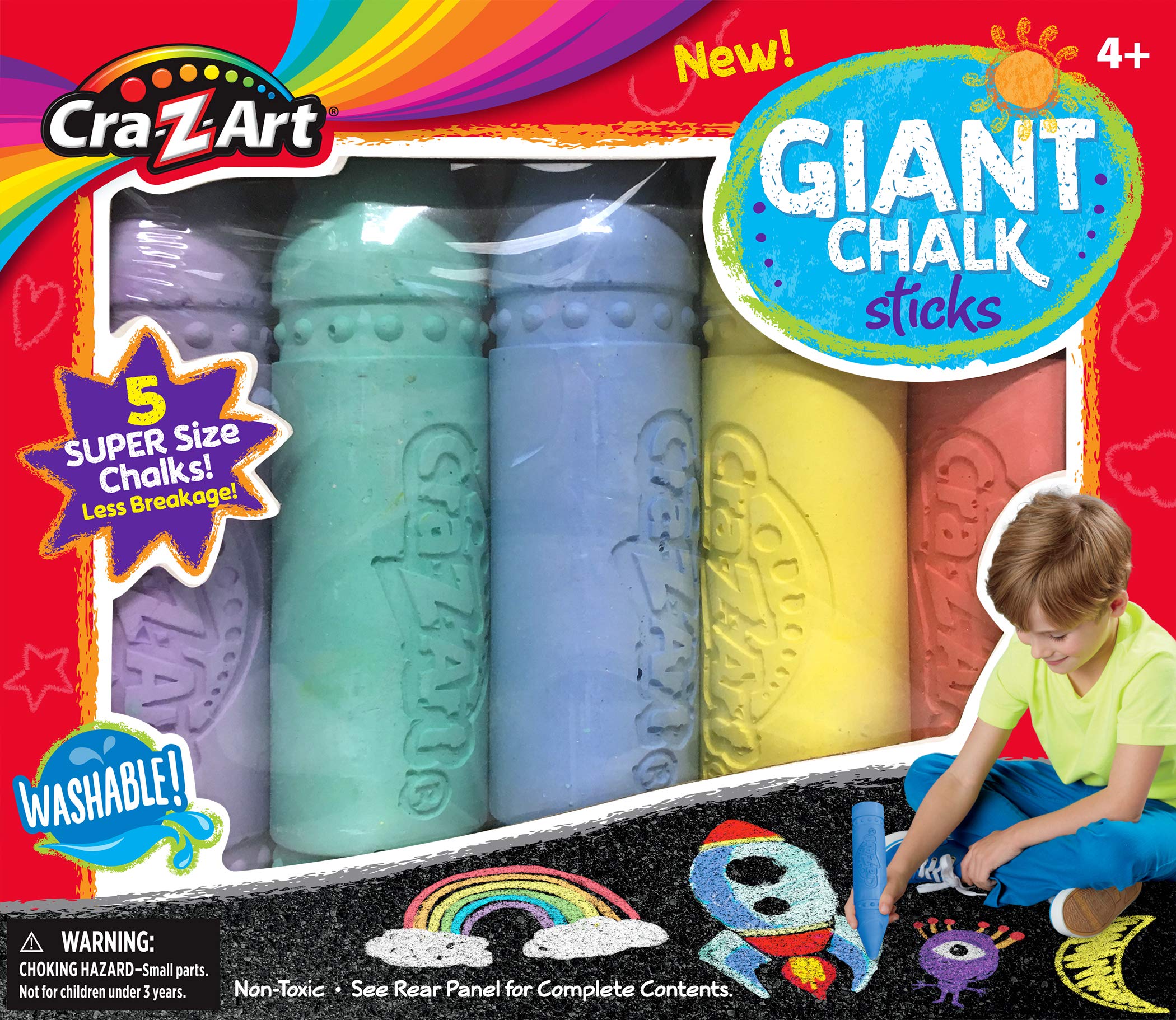 Cra-Z-Art Giant Sidewalk Chalk Sticks - 5 Count Pack for Kids Outdoor Play, Driveway Art & Backyard Fun