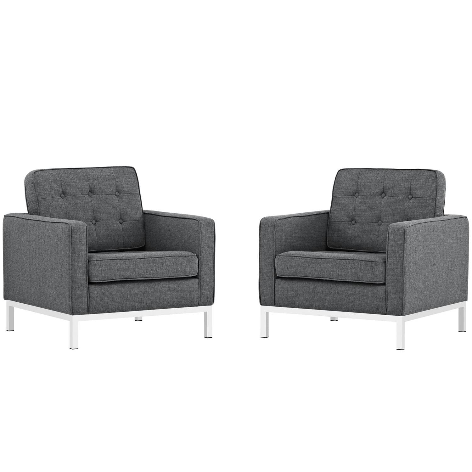 Modway Loft Gray Upholstered Fabric Mid-Century Modern Accent Arm Lounge Chairs - Set of 2 for Living Room, Office or Reading Nook