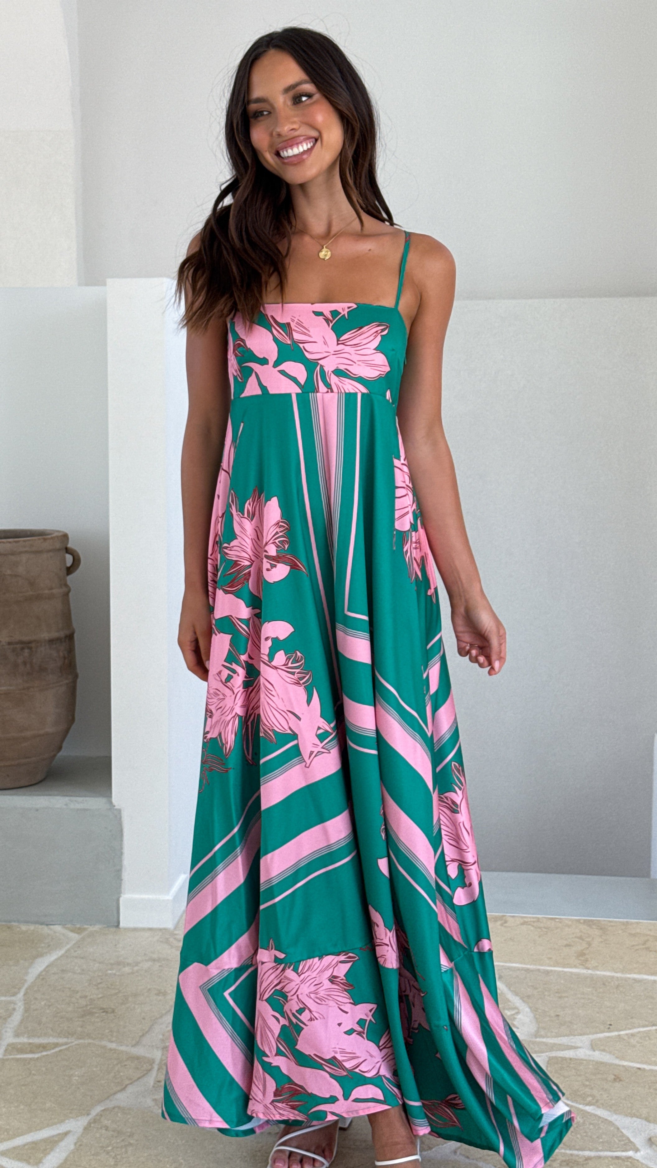 Kaethe Maxi Dress - Green & Pink Floral Summer Dress for Women | Beach Wedding, Vacation, Party Wear
