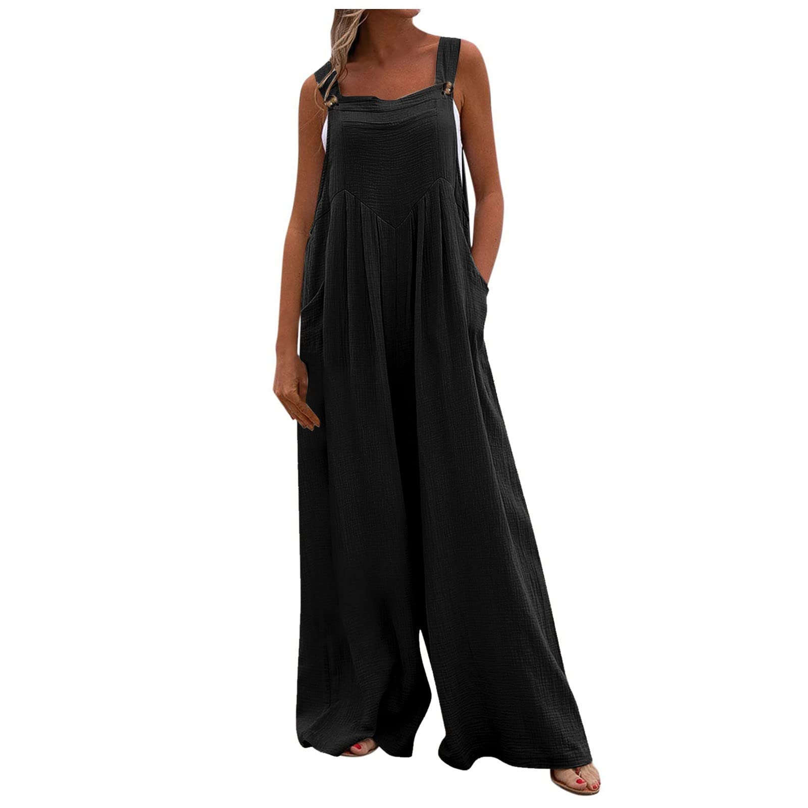 Women's Wide Leg Palazzo Jumpsuit - Summer Spaghetti Strap Romper with Pockets | Soft Loose Casual Jumpsuit for Women | Beach Cover Up, Vacation Outfit, Lounge Wear, Summer Fashion