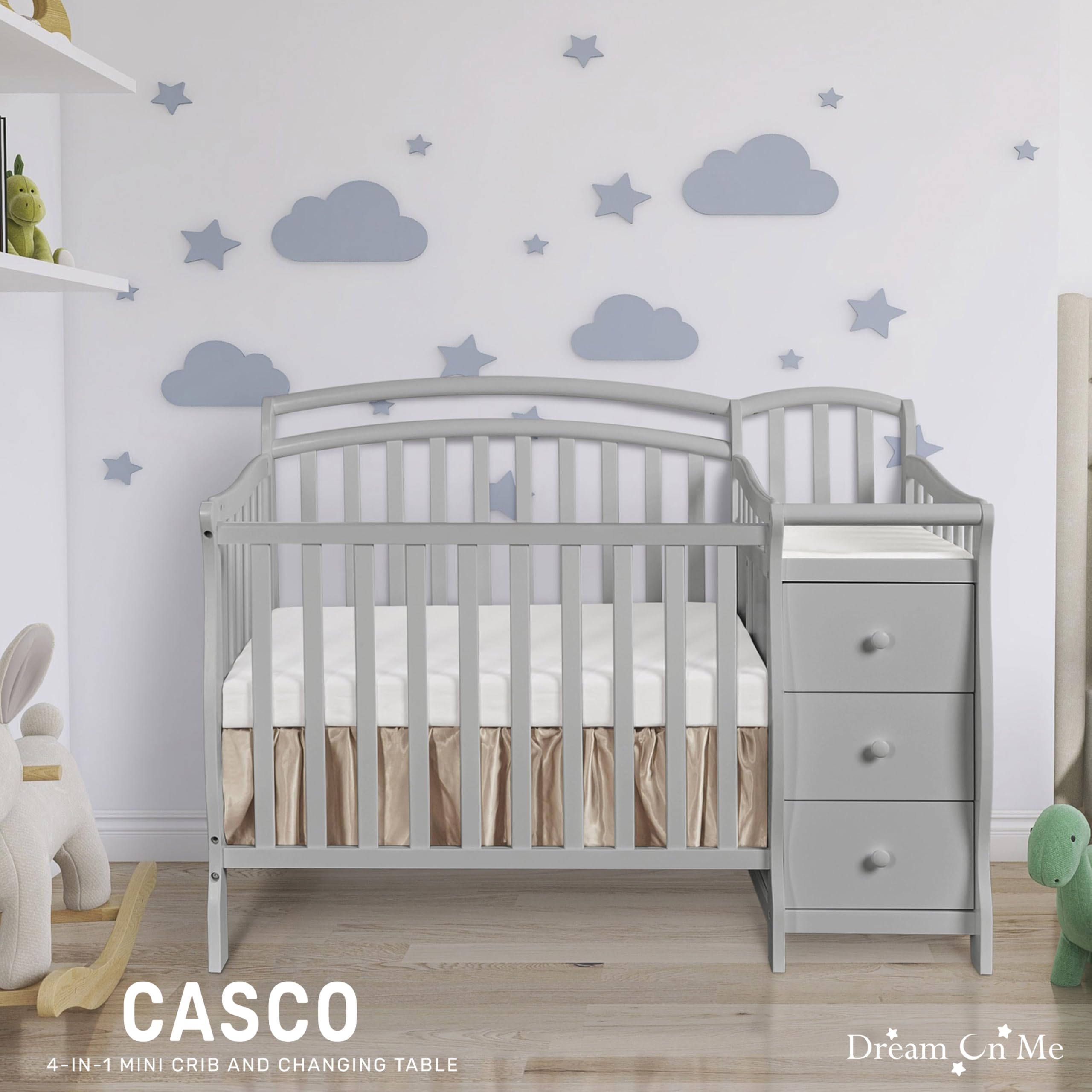 Dream On Me Casco 3-in-1 Convertible Mini Crib & Changing Table - Pebble Grey Pinewood Baby Crib with 3 Adjustable Mattress Heights | Nursery, Small Space & Travel Use