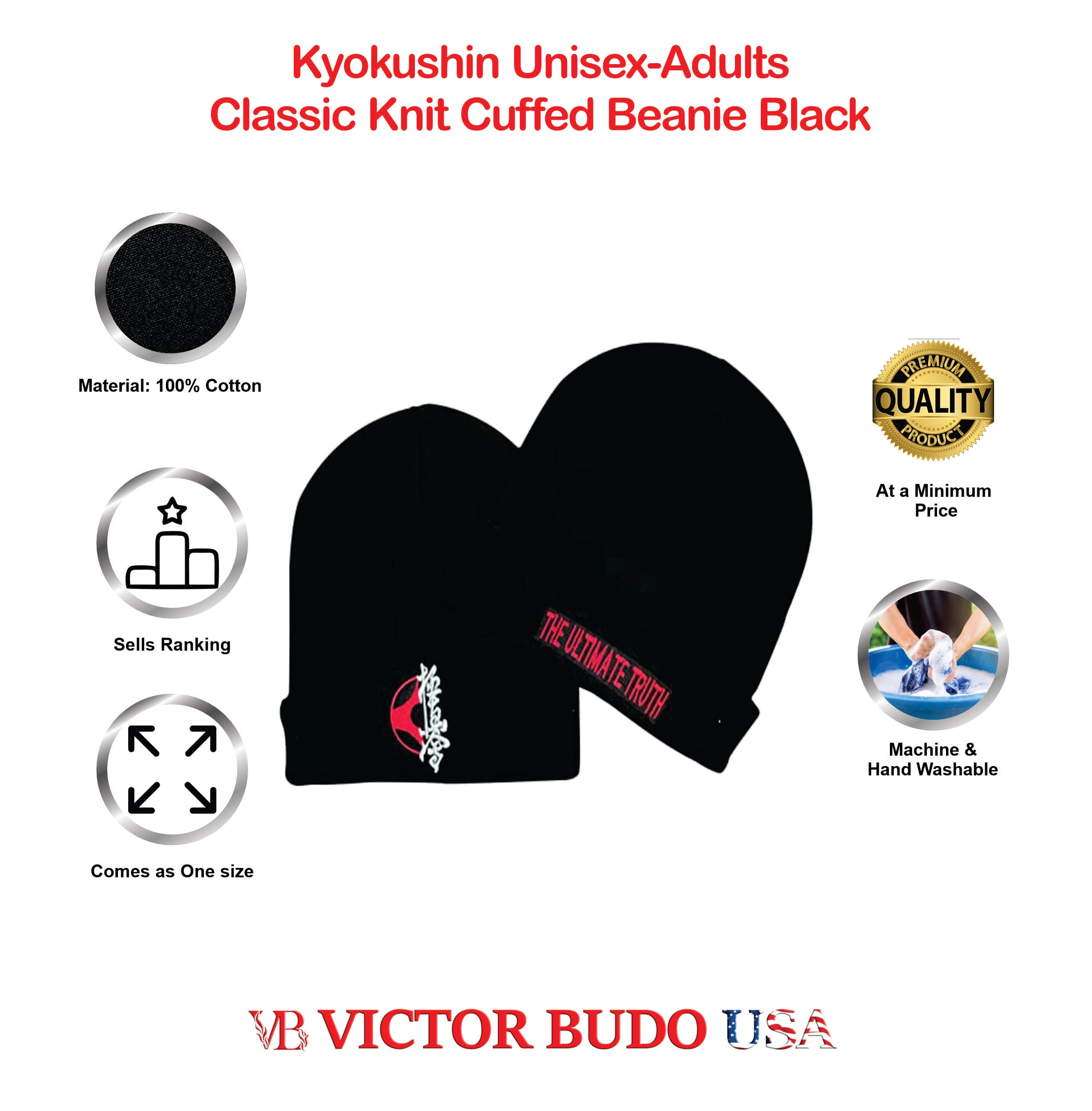 Kyokushin Unisex Skull Cap - Classic Knit Cuffed Beanie for Men & Women - Warm Winter Hat in Black - Perfect for Cold Weather, Outdoor Sports & Casual Wear