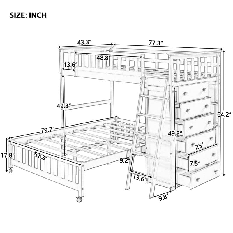 Wooden Bunk Bed for Kids Teens & Adults - Twin Over Full Size with 6 Drawers, Adjustable Shelves & Rolling Wheels - No Box Spring Required - Espresso Finish - Perfect for Small Bedrooms, Guest Rooms & Vacation Homes