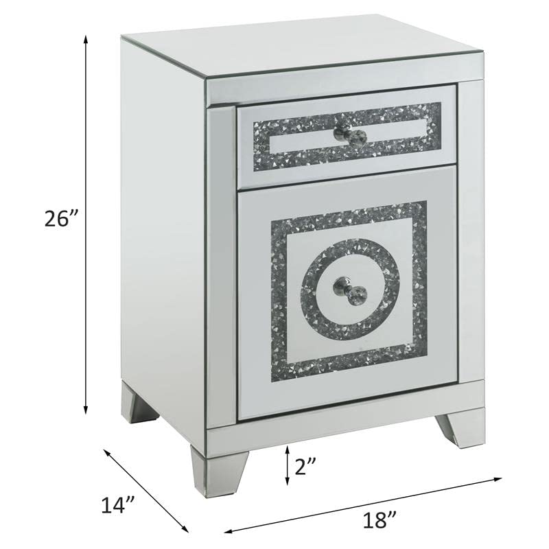 Acme Noralie Glass Accent Table with 2 Drawers - Elegant Mirrored Finish & Faux Diamond Decor | Perfect for Living Room, Bedroom, or Entryway Decor