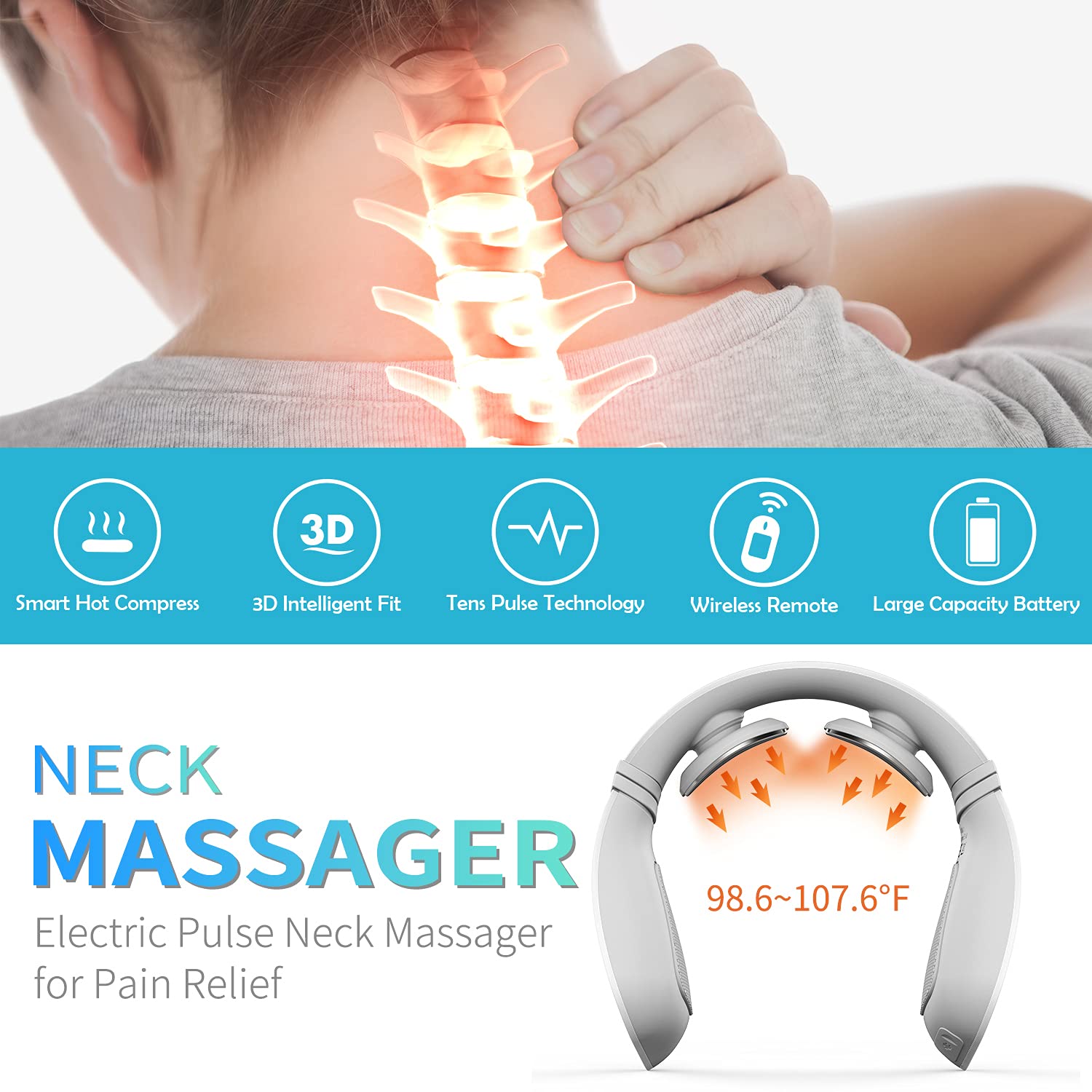 Electric Pulse Neck Massager with Heat - 6 Modes & 15 Levels Cordless Deep Tissue Massager for Neck Pain Relief - Portable White Massage Device for Office, Travel & Home Use