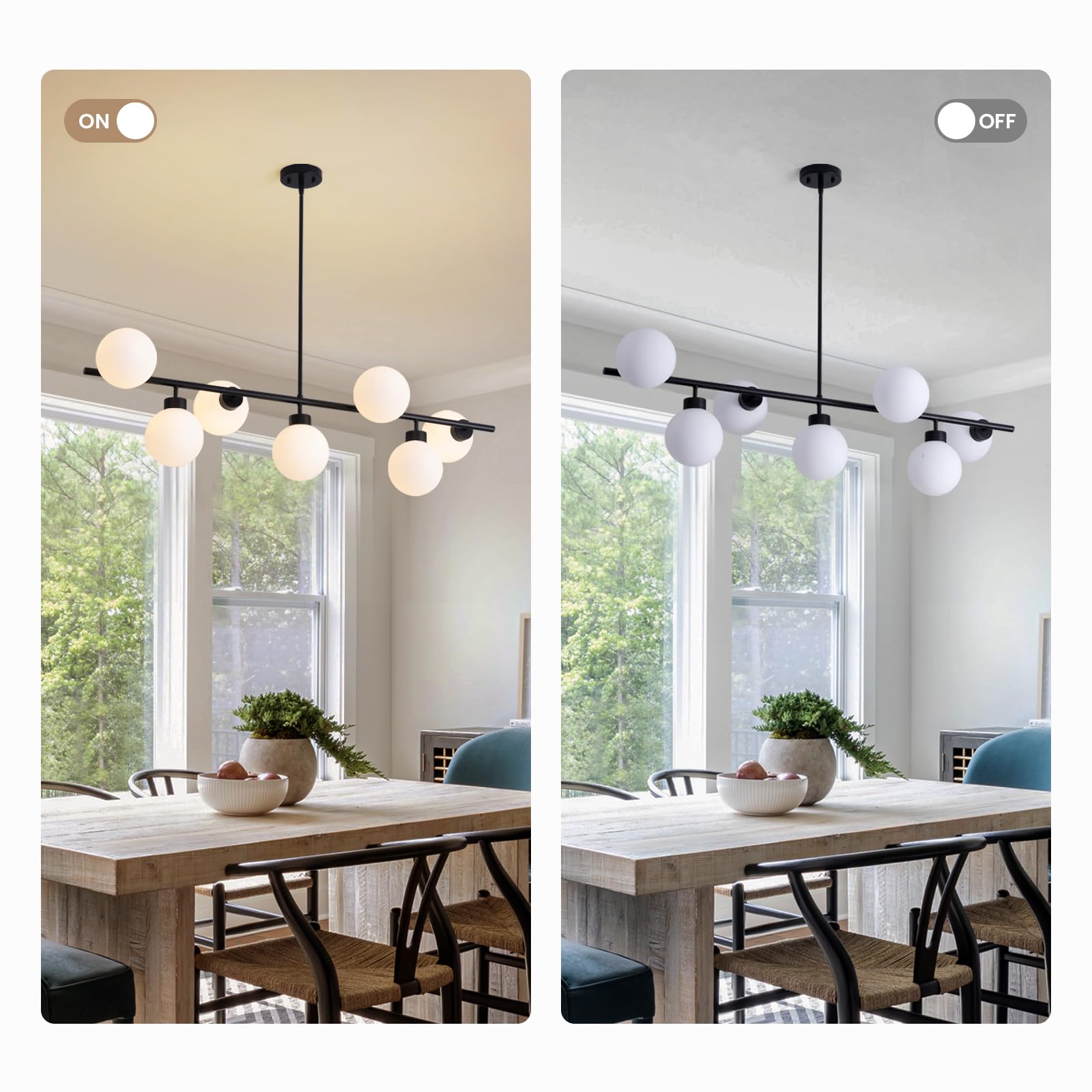 Crossio 7-Light Modern Linear Chandelier - Mid Century Black Sputnik Pendant Light with Glass Globe Rectangular Fixture - 47