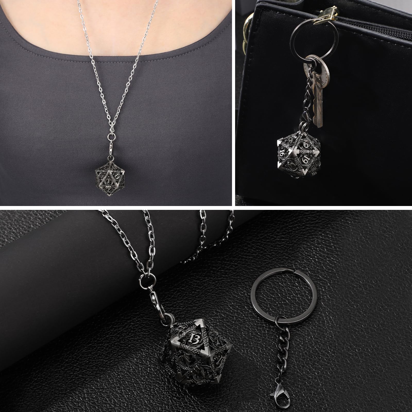 Syhood Mini Dice Set - 7 Pcs Tiny Metal Dice with Hollow D20, Necklace Case & Keychain for RPG Table Games | Portable Teacher & Mother Gift in Antique Silver | Perfect for D&D, Gifts & Travel Gaming Accessories