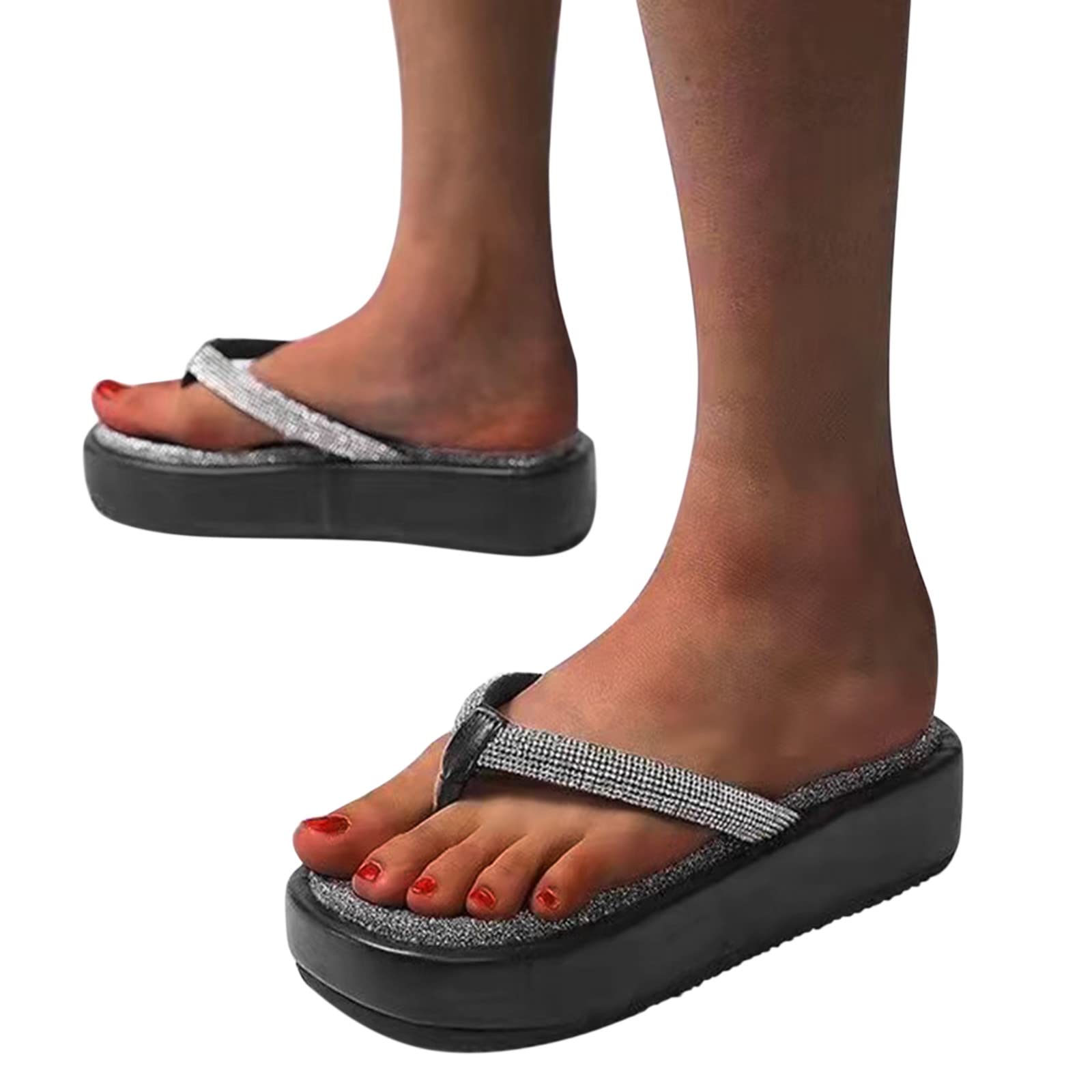 Women's Non-Slip Casual Flip Flop Sandals with Rhinestones - Glossy Round Toe Platform Thong Sandals for Beach, Vacation, Shopping & Outdoor Gatherings - Comfortable Summer Fashion Footwear for Women
