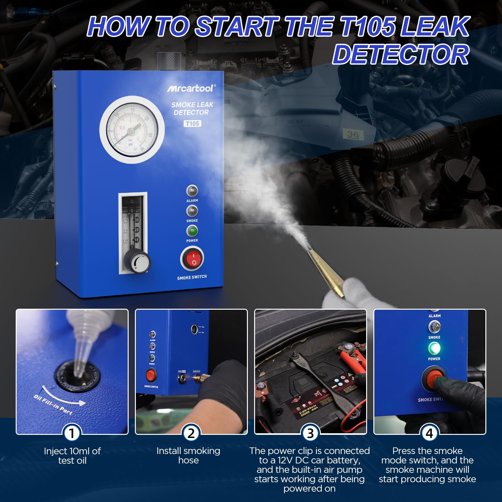 MR CARTOOL T105 Automotive Smoke Machine Leak Tester Kit - 12V DC Smoke Tester with Built-in Air Pump & Pressure Gauge - Vacuum Diagnostic Detector for Car AC System, EVAP, Fuel System & Engine Leak Detection (Ideal for Mechanics & DIY Auto Repair)