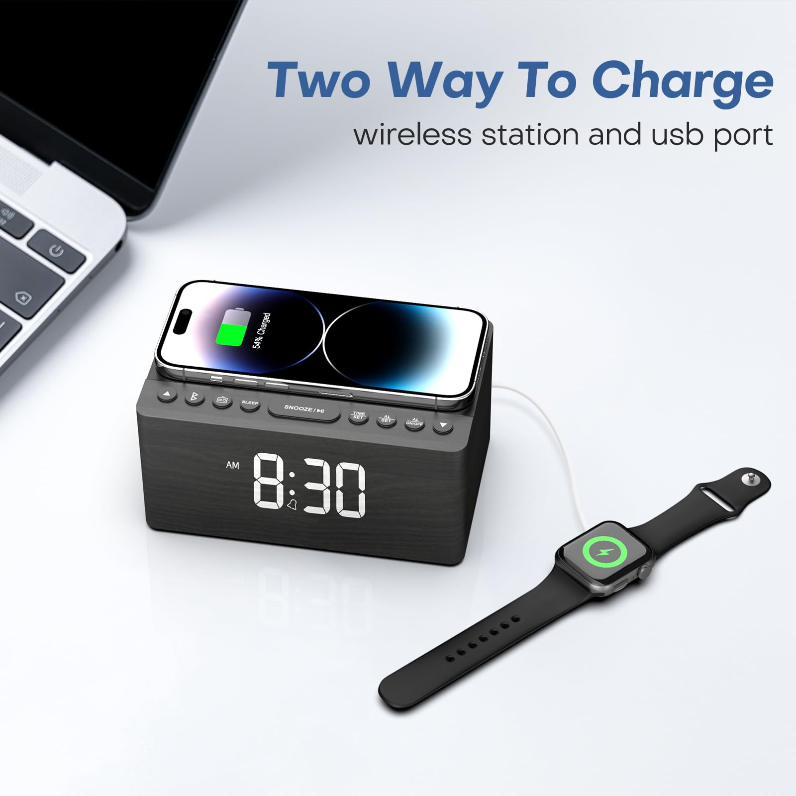 ANJANK Wooden Bluetooth Speaker Alarm Clock with FM Radio, Wireless Charging for iPhone & Samsung, USB Port, Dimmable Display, Sleep Timer - Digital Wooden Bedside Clock for Bedroom, Office, Nightstand (Gift Idea for Music Lovers)