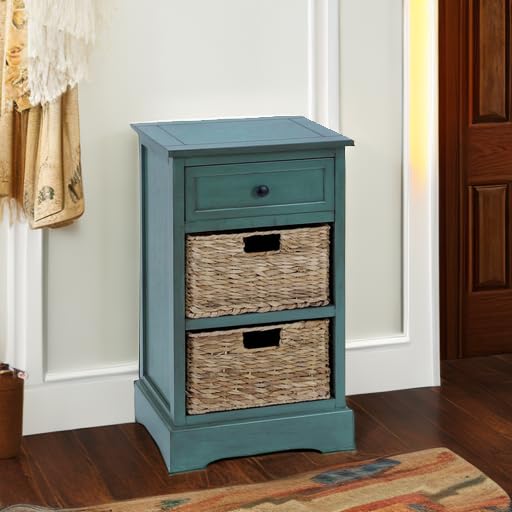 Urban Designs 3-Drawer Teal Malibu Nightstand with Wicker Baskets - Modern Bedside Table for Bedroom, Guest Room, or Dorm - Perfect for Storage and Organization
